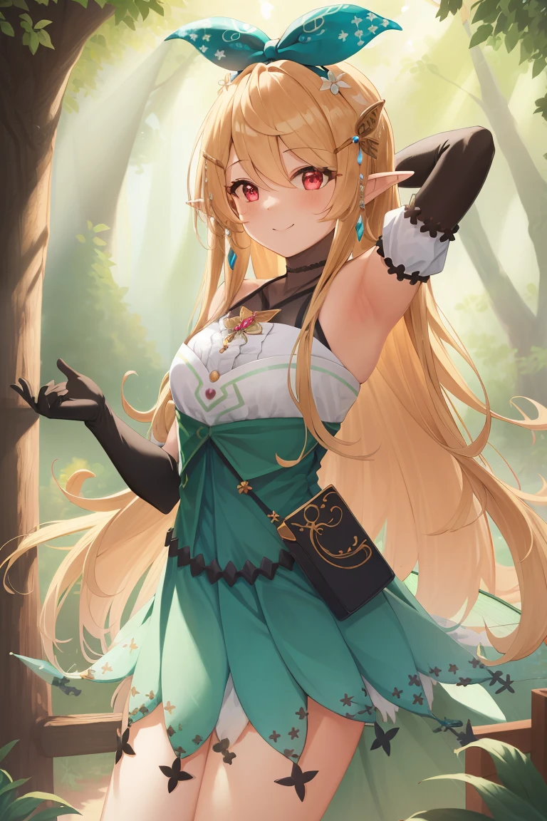 (masterpiece, best quality),  intricate details,
1girl,     pomu rainpuff, hair behind ear, butterfly hair ornament, hair ribbon, halterneck, black gloves, elbow gloves, green skirt, high-waist skirt, fairy wings, bare shoulders, smile, armpits, hands behind head
forest, fairytale