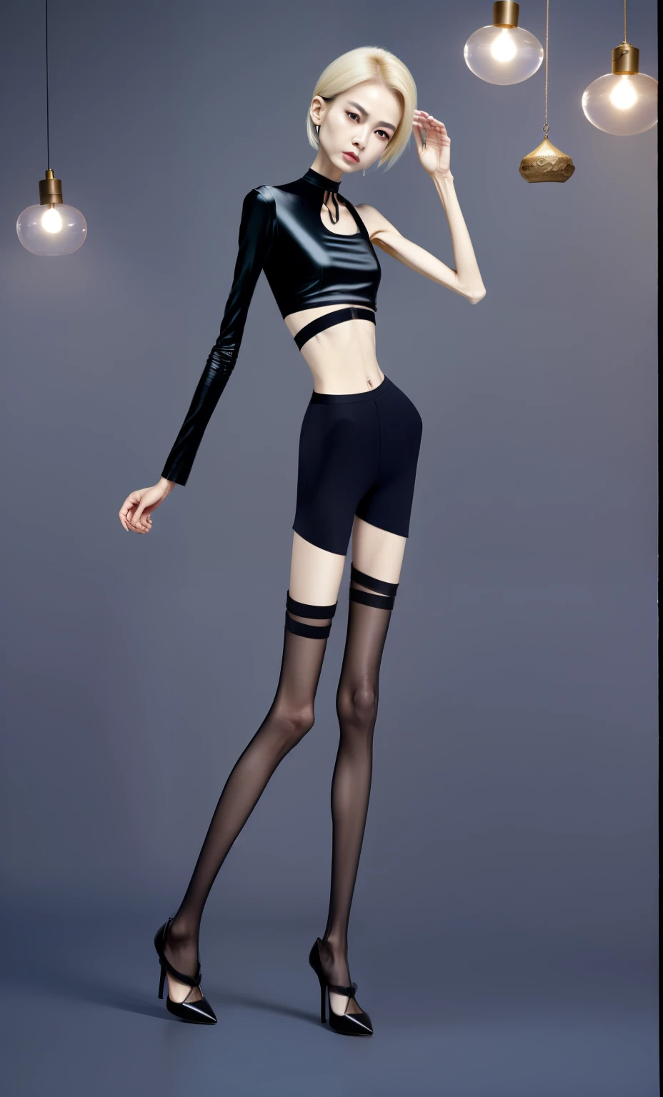 very thin woman,A thin body,Protruding sternum,The waist is very thin,The ribs are noticeable,Protruding ribs,The pelvic protrusion is very obvious,The pelvis is markedly elevated,Legs are just skin and bones,Fair skin,thin shoulde,The waist is very thin,Sunken abdomen,Delicate arms,arm muscle atrophy,hunger,sunken lower abdomen,Short hair details,Wear tight leather pants,Wearing black silk,wearing high heels,Asia face,The waist is particularly thin,angry look,weeping,Excessive weight loss,The face is sunken and thin,Severe malnutrition,hunger