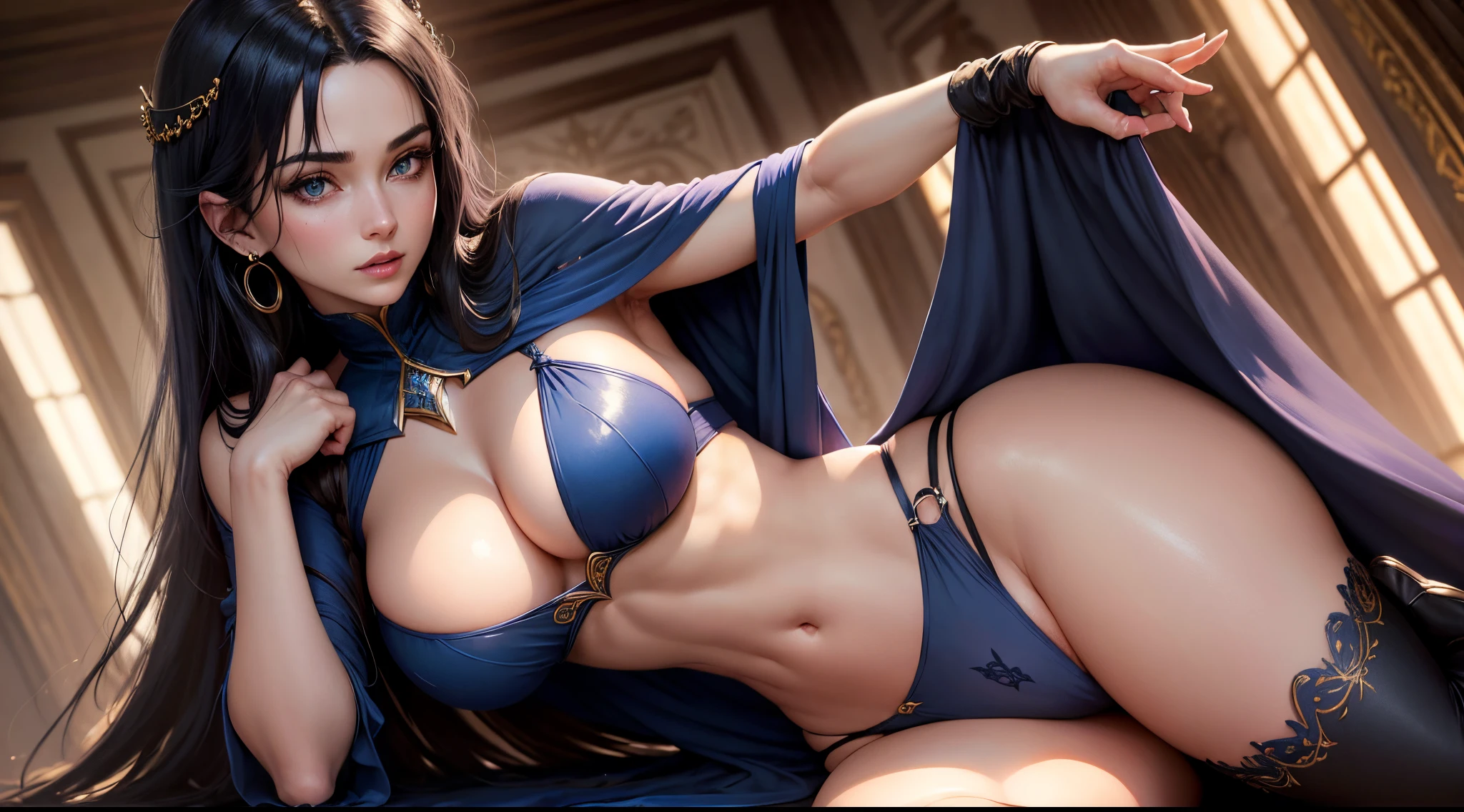 Hyper detailed image, UHD, 16k, professional photo, (Realistic photo by Merlin 7ds), professional photo, ((Goddess of beauty girl, charming, various accessories, earrings, bluish black hair, a strand of hair between her eyes)), breasts showing, flashy cleavage,
(Merlin Nanatsu no Taizai" The Seven Deadly Sins), naive, naughty, excited expression,
Merlin is portrayed as an attractive young woman. Her appearance is marked by fine and elegant features, contributing to an image of grace and sophistication. Her presence often radiates confidence and wisdom. Merlin is portrayed as an attractive young woman. Her appearance is marked by fine and elegant features, contributing to an image of grace and sophistication. Her presence often radiates confidence and wisdom. Merlin has long blue hair that is usually loose. Her eyes are an intense blue color and often reflect a calm and discerning expression. Merlin is usually seen wearing a distinctive sexy costume that shows off his erotic feminine features. Her outfit includes a long white tunic with blue and gold details with a low neckline, showing long breasts and a micro panty tucked into the puzzy, She also wears a black hooded cape and knee-high boots. mysterious and powerful aura,
open and erotic outfit showing her impressive, beautiful and perfect big breasts, ((natural long sagging breasts, natural perfect breasts, ultra-giant pointed long breasts sticking out of the cleavage)) full breasts, big body, tall, thin visible abs, curved body, curvaceous , pert ass, As a powerful sorceress, Merlin often displays magical symbols around his hands or in his spells. ((panties tucked into perfect pussy on display, pubic hair on display))), thick legs open, wet pussy, flexible body, brown boots, perfect hands and fingers, environment: dark, moonlit night,, (great lighting) ( pussy, pornography, pubic hair), ((wet pink transparent panties, pubic hair))