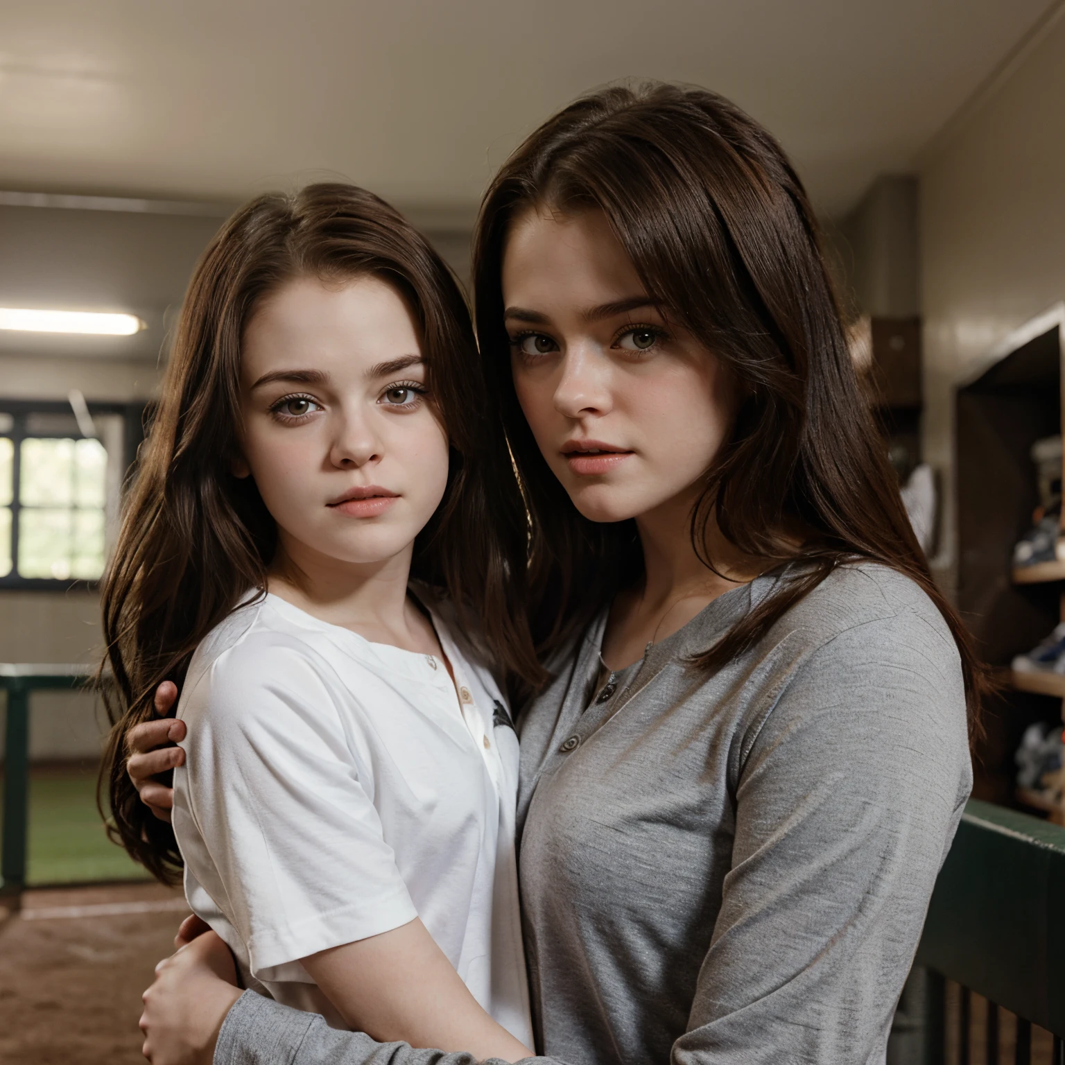 masterpiece, highest quality, 2girls, ((Selena Gomez and Francesca Capaldi)), two sisters, young, short, petite bodies, ((flat chest)), scared, innocent, crying, sad, cute, white shirt, prison background, collar, restraints