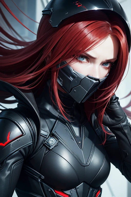 a close up of a person with a helmet on and red hair, concept art by Ei-Q, tumblr, gothic art, blame!, blame, blame manga, futuristic blame, lolth, intimidating glare, angry female alien, killy from blame!, warframe fanart, of a beautiful female warframe, broken beautiful female android!, warframe infested art