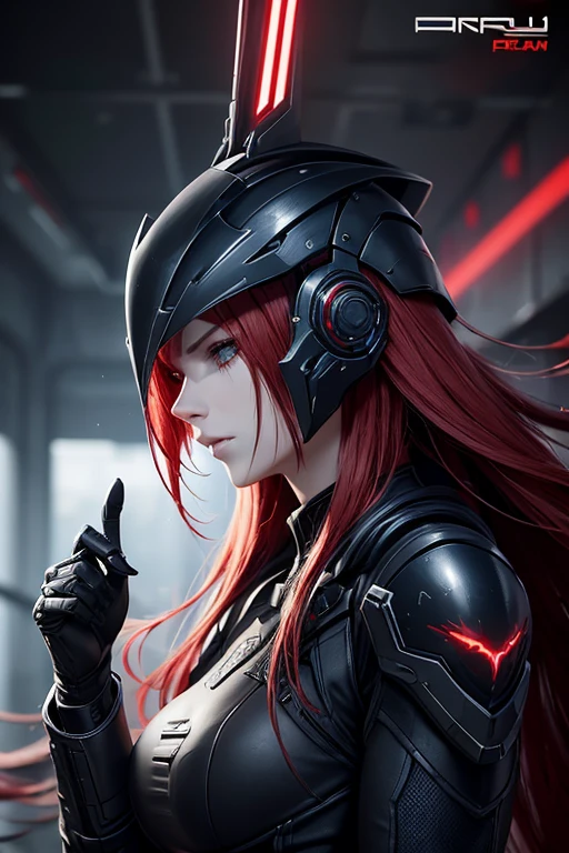 a close up of a person with a helmet on and red hair, concept art by Ei-Q, tumblr, gothic art, blame!, blame, blame manga, futuristic blame, lolth, intimidating glare, angry female alien, killy from blame!, warframe fanart, of a beautiful female warframe, broken beautiful female android!, warframe infested art