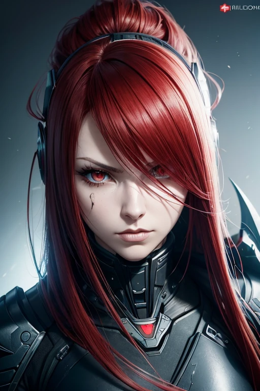 a close up of a person with a helmet on and red hair, concept art by Ei-Q, tumblr, gothic art, blame!, blame, blame manga, futuristic blame, lolth, intimidating glare, angry female alien, killy from blame!, warframe fanart, of a beautiful female warframe, broken beautiful female android!, warframe infested art