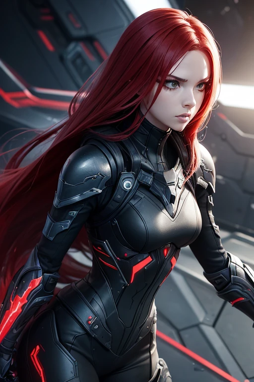 a close up of a person with a helmet on and red hair, concept art by Ei-Q, tumblr, gothic art, blame!, blame, blame manga, futuristic blame, lolth, intimidating glare, angry female alien, killy from blame!, warframe fanart, of a beautiful female warframe, broken beautiful female android!, warframe infested art