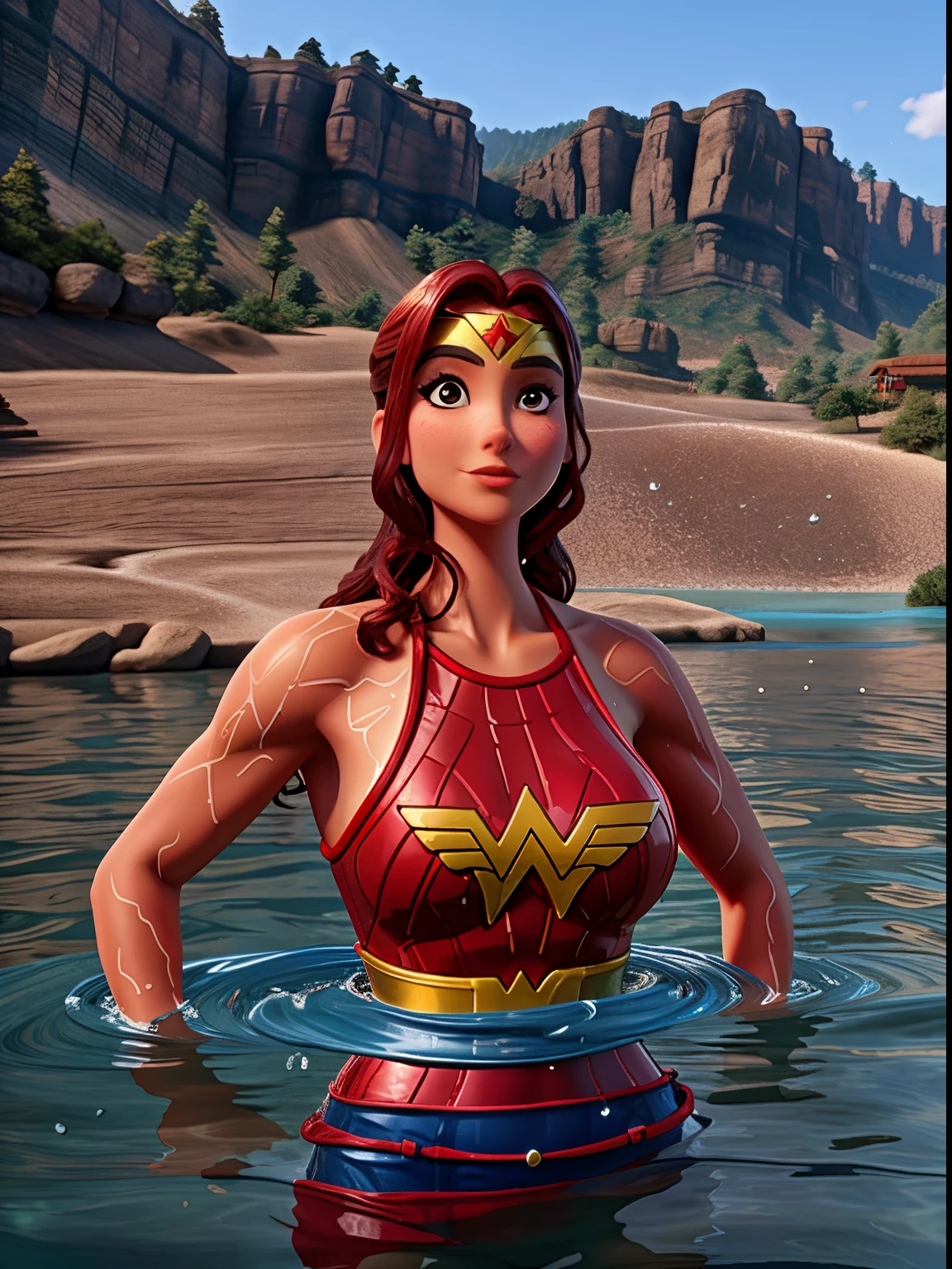 araffe woman in a red bikini in the water, dressed as wonder woman, in the water, wet swimsuit, wonder woman, in water! up to shoulders, in water, in water up to her shoulders, in a lake, is wearing a swimsuit, in retro swimsuit, in lake, wearing two - piece swimsuit, swimsuit model, bodybuilder superhero bikini