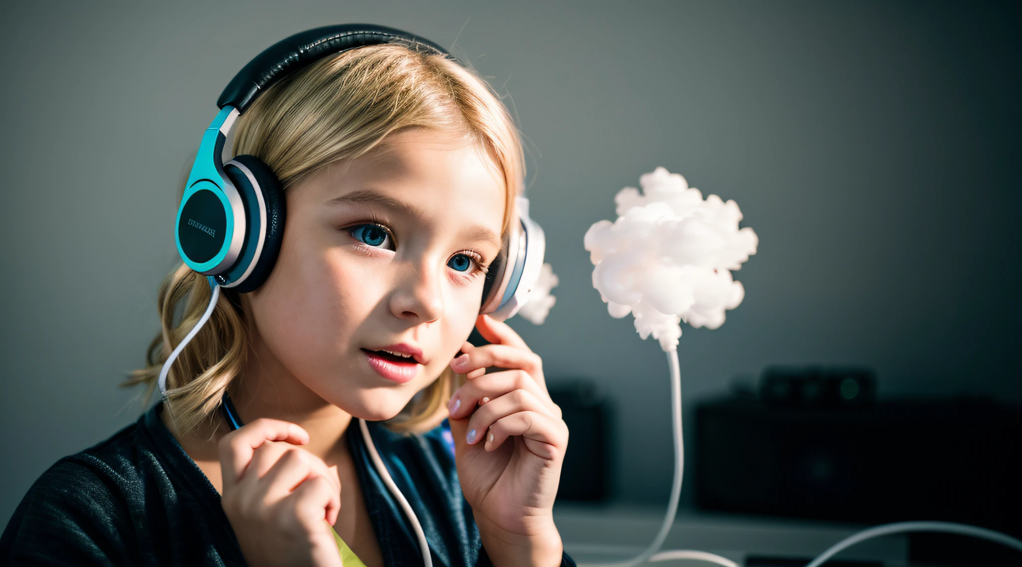 Image of a blonde girl with angel wings on her head, menina usando fones de ouvido, smoke billowing, slight smoke, listening to godly music, ears are listening, Listening to music, vibing to music, Usando fones de ouvido, music in the air, Fones de ouvido DJ Rave, com fones de ouvido, foto de retrato em close-up, usando fones de ouvido de gato, Fones de ouvido ligados, com fones de ouvido, Audiophile, good music