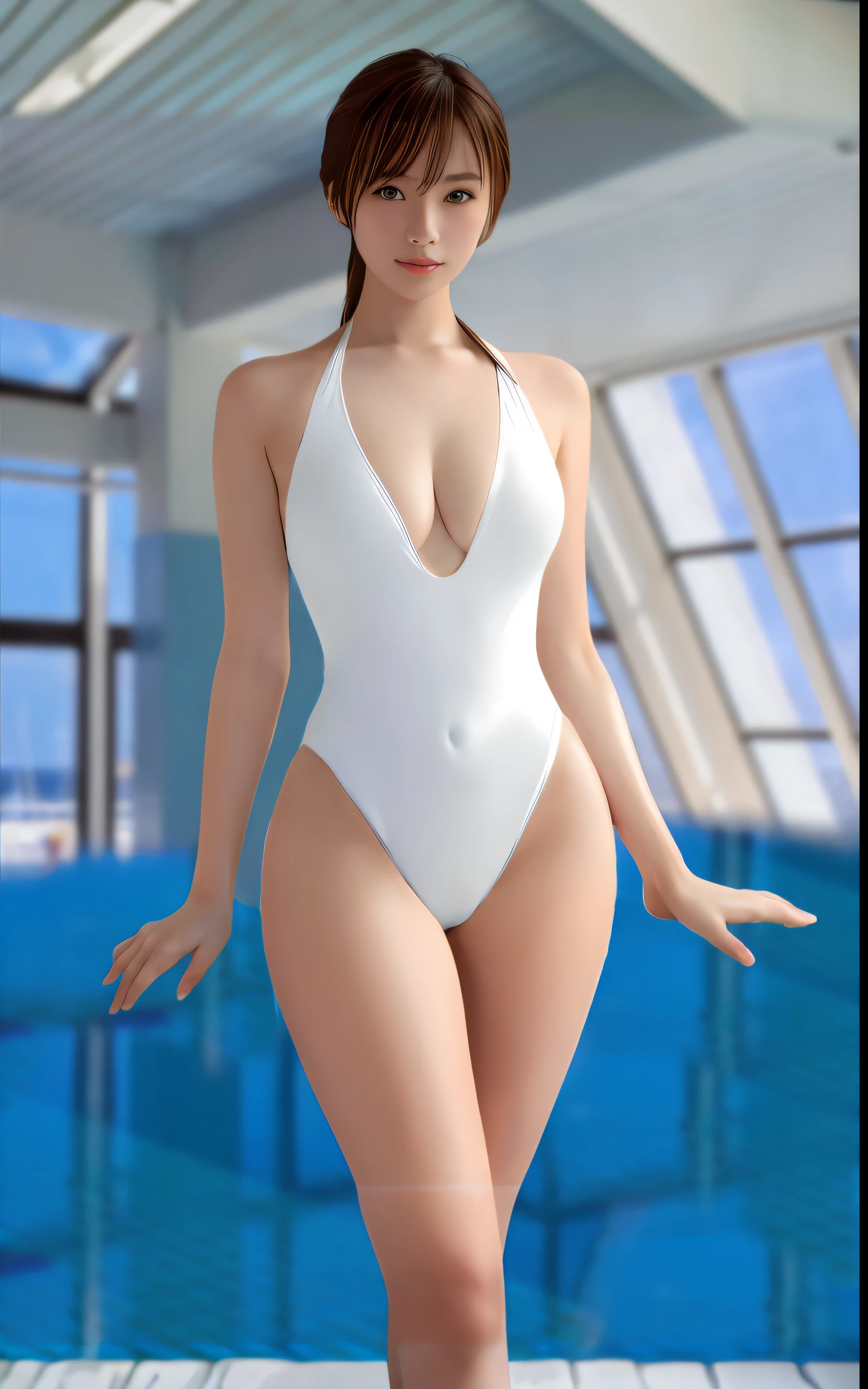 Close up portrait of woman in white swimsuit standing in pool, wearing a swimming wear, Swimsuit, Photorealistic perfect body, Wet swimsuit, wearing white leotard, swimsuit model, swim wears, realistic bikini, realistic shaded perfect body, Smooth Anime CG Art, photorealistic anime girl render, in retro swimsuit, on a mannequin. High resolution