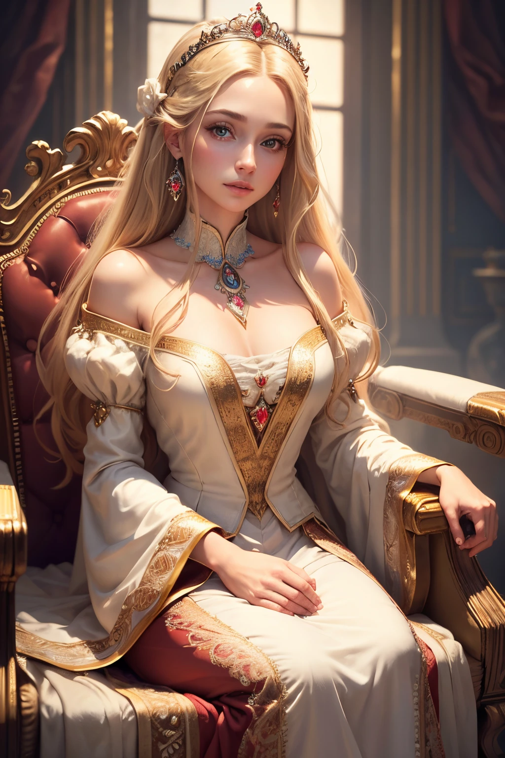 true masterpiece, extraordinary and stunning photograph of a gorgeous European princess woman, long blonde hair, brown eyes, very long eyelashes, symmetrical eyes, detailed eyes, high quality eyes, perfect face, high quality face, realistic, photorealistic, shiny skin, (masterpiece:1.5), concept art, intricate details, highly detailed, octane render, 8k, unreal engine, dynamic pose, best quality, highres, she is radiant with beauty and joy, extremely detailed skin texture, peach fuzz, plump lips, beautiful makeup, absolute realistic image, ultra realistic photography, with a red princess dress, pretty decent covering dress, a beautiful princess tiara on her head, jewel earrings, beautiful ornaments, high details, intricate clothing, glowing shadows, beautiful gradient, depth of field, clean image, extremely detailed face, stunning pretty face, sitting on a throne