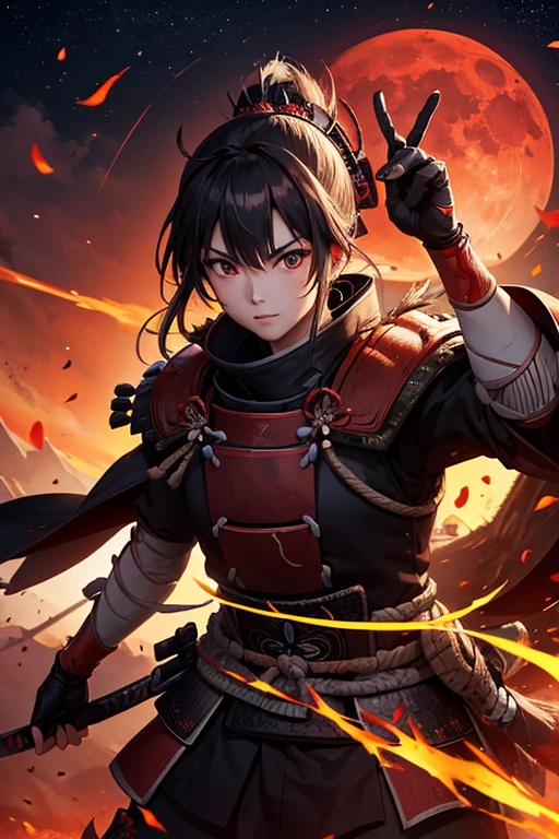 samurai, blood moon, night, battle, burning village,