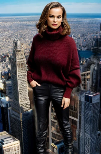 Natalie Portman from a distance, giantess, city, skyscrapers, giga, aerial view, giga giantess, between buildings, behind building, natural breasts, colossal breasts, top heavy, baggy sweater, leather pants, full body view, destruction, angry