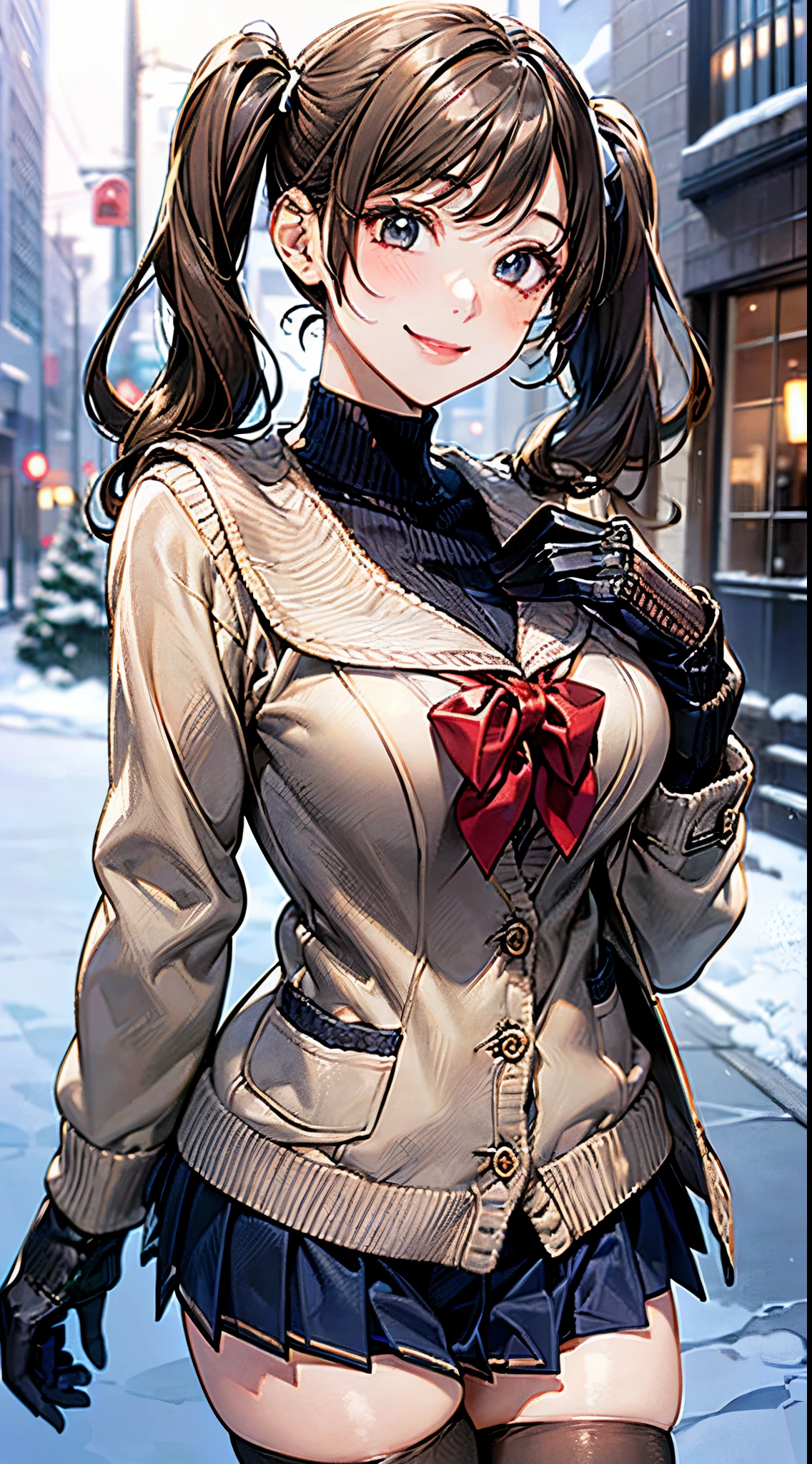 ((((, , perfect anatomy, super detailed skin)))), 1 girl, japanese, , shiny skin, large breasts:0.5, watching the view, (smile:1.5),
beautiful hair, beautiful face, beautiful detailed eyes, (middle hair:1.5, twintails:1.7),
beautiful clavicle, beautiful body, beautiful chest, beautiful thigh, beautiful legs, babyface, , le under eye,
((navy school uniform, long sleeves, navy pleated skirt, sailor collar, light brown cardigan, black thigh-highs,
((brown medium coat, muffler, knitted gloves)), extremely sexy, seductive thighs)), white panties,
(beautiful scenery), winter, evening, hokkaido, sapporo, outdoors, snow, snowfall:1.5, freezing weather, frost, walking, holding a phone,
(8k, top-quality, masterpiece:1.2, extremely detailed, , ), (photorealistic), beautiful illustration, cinematic lighting,