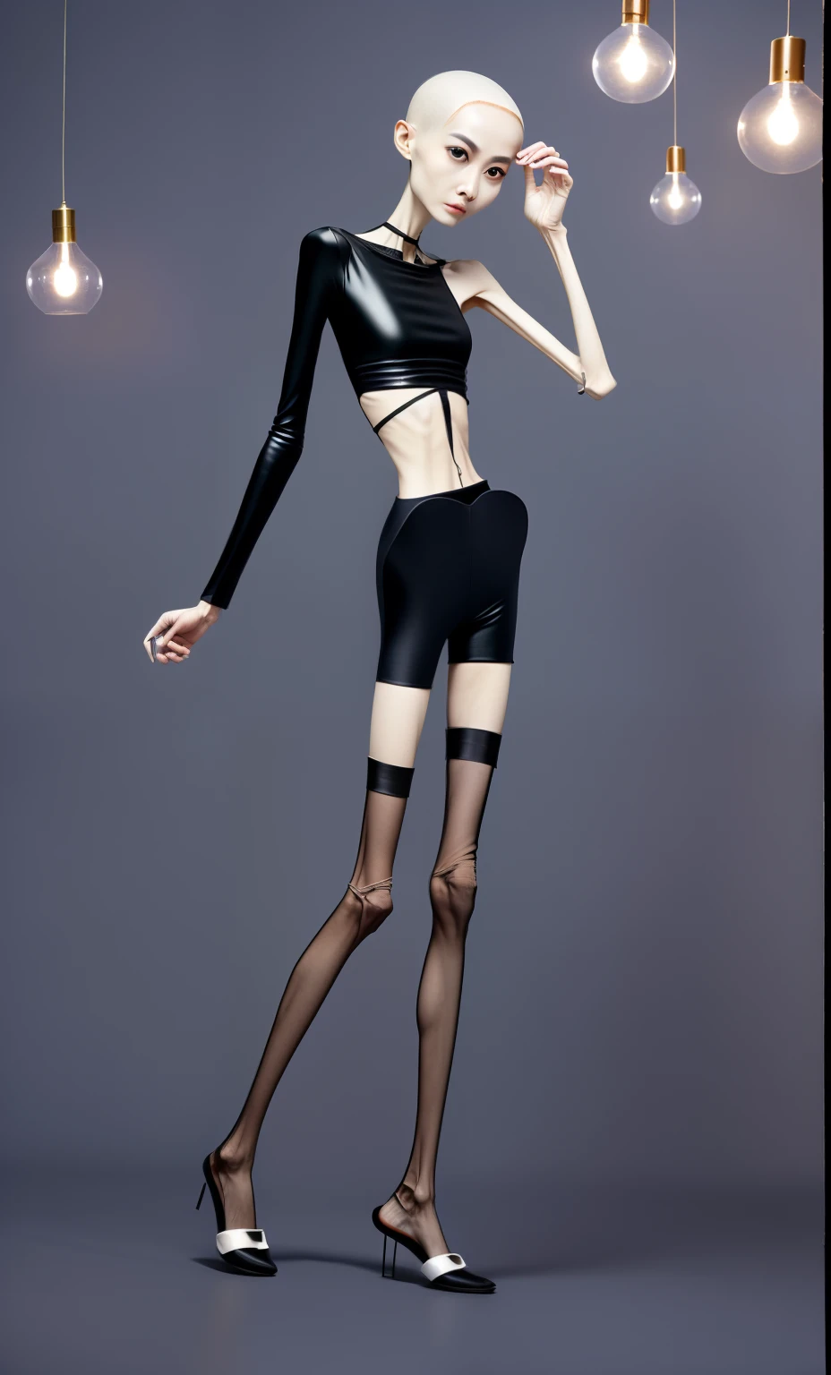 very thin woman,A thin body,Protruding sternum,The waist is very thin,The ribs are noticeable,Protruding ribs,The pelvic protrusion is very obvious,The pelvis is markedly elevated,Legs are just skin and bones,thin shoulde,The waist is very thin,Sunken abdomen,Delicate arms,arm muscle atrophy,hunger,The lower abdomen is depressed,Short hair details,Wear tight leather pants,Dressed in black silk,Wear slippers,Asia face,The waist is particularly thin,angry look,weeping,Excessive weight loss,The face is sunken and thin,Severe malnutrition,hunger