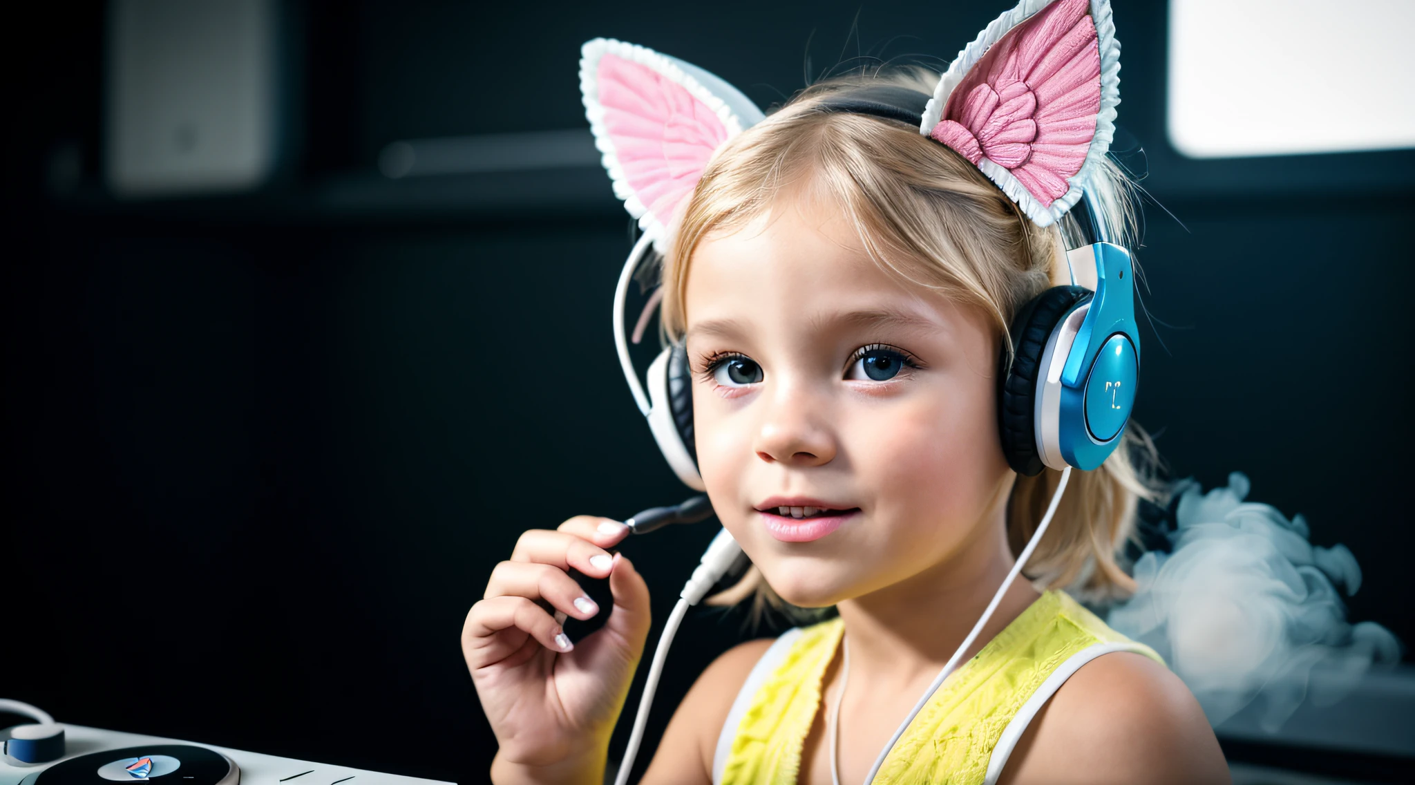 Image of a blonde girl with angel wings on her head, menina usando fones de ouvido, smoke billowing, slight smoke, listening to godly music, ears are listening, Listening to music, vibing to music, Usando fones de ouvido, music in the air, Fones de ouvido DJ Rave, com fones de ouvido, foto de retrato em close-up, usando fones de ouvido de gato, Fones de ouvido ligados, com fones de ouvido, Audiophile, good music