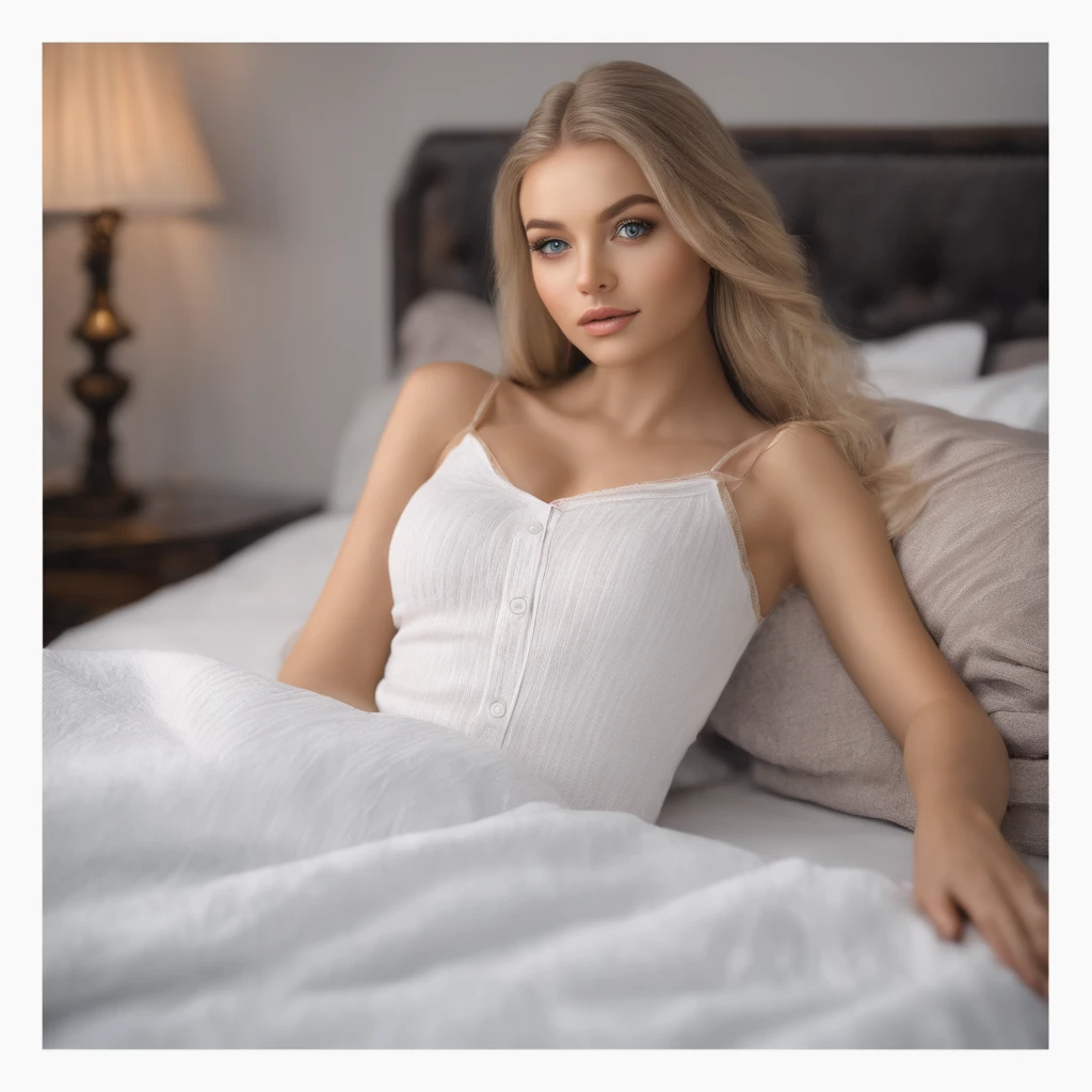 arafed woman fully , sexy girl with blue eyes, ultra realistic, meticulously detailed, portrait sophie mudd, blonde hair and large eyes, selfie of a young woman, bedroom eyes, violet myers, without makeup, natural makeup, looking directly at the camera, face with artgram, subtle makeup, stunning full body shot lying on the bed, in the bedroom, holding a book, large size bust