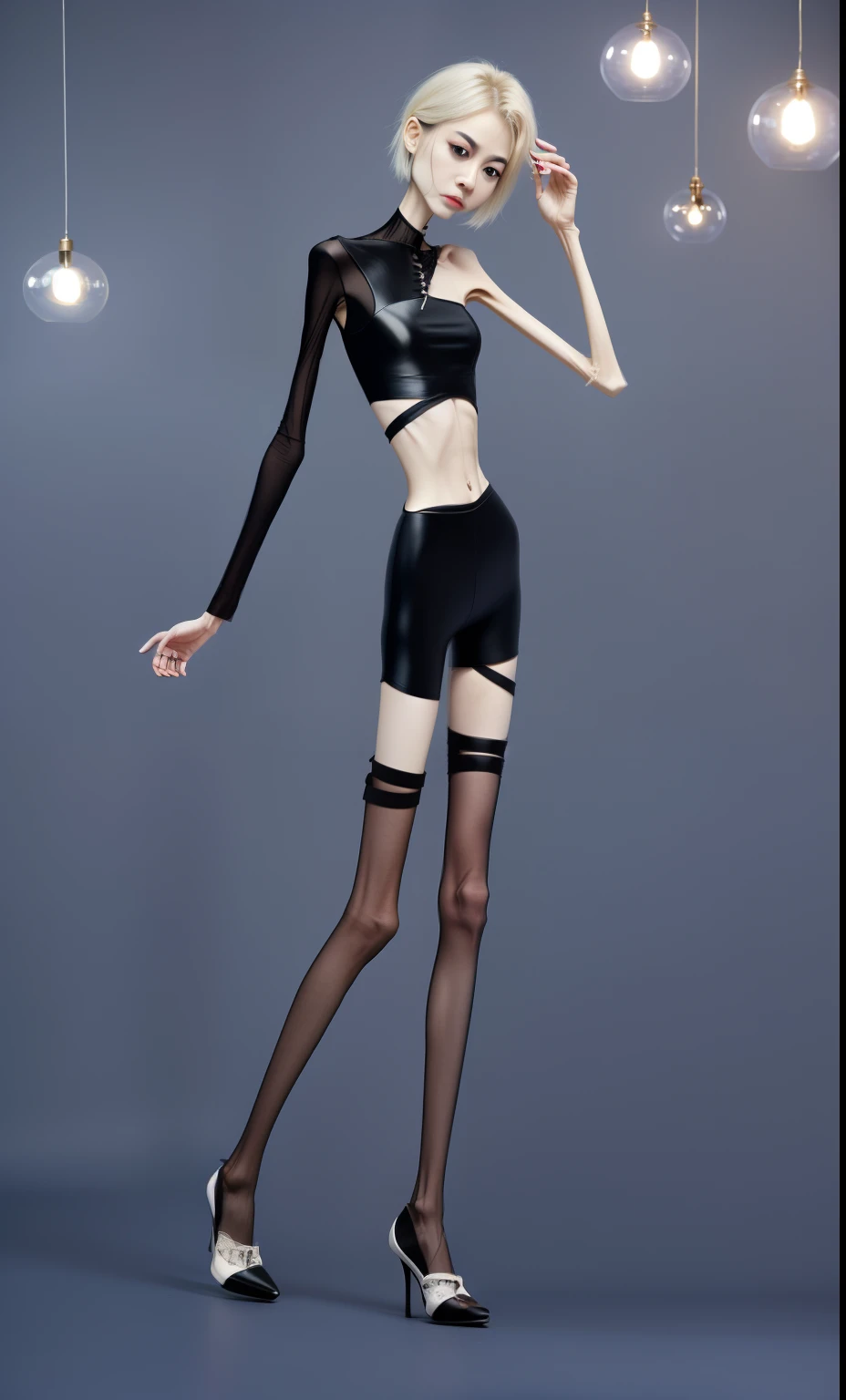 very thin woman，A thin body，Protruding sternum，The waist is very thin，The ribs are noticeable，Protruding ribs，The pelvic protrusion is very obvious，The pelvis is markedly elevated，Legs are just skin and bones，White skin of the，thin shoulde，The waist is very thin，Sunken abdomen，Delicate arms，arm muscle atrophy，hunger，The lower abdomen is depressed，Short hair details，Wear tight leather pants，Dressed in black silk，wearing high heels，Asia face，The waist is particularly thin，angry look，weeping，Excessive weight loss，The face is sunken and thin，Severe malnutrition，hunger