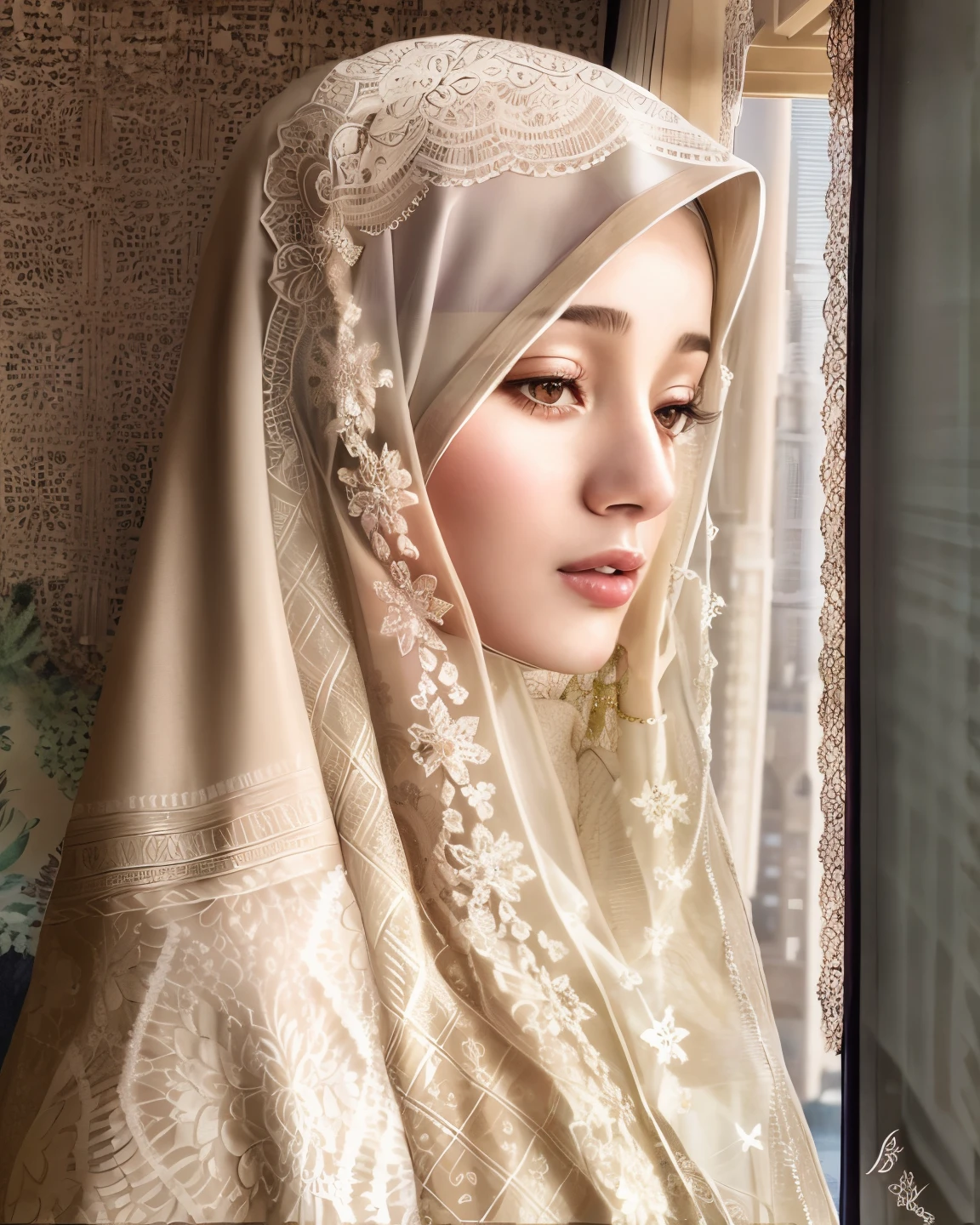 there is a woman wearing a hijab looking out a window, hijab, veiled, white hijab, veiled face, beautiful delicate face, very beautiful girl, lovely delicate face, pale-skinned persian girl, beautiful arab woman, beautiful, high quality portrait, portait photo profile picture, traditional beauty, very extremely beautiful, muslim, beautifully, beautiful girl, beautiful image