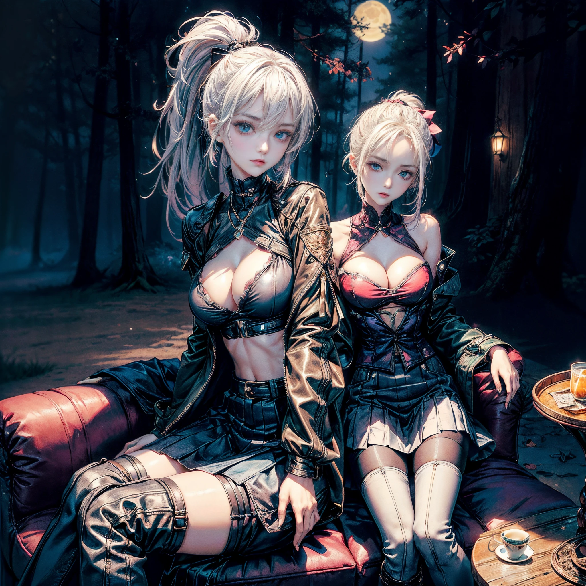 masutepiece,1girl in, Best Quality,cyberpunked,(Alternative、dim colors, Soothing tones:1.3),NSFW(Beautuful Women、Detailed beautiful facial features、One is a medium bob、One has a ponytail、blue eyess、slenderbody:1.3)(Normal breasts、cleavage of the breast、riders coat、skirt by the、knee high、Ripped clothes:1.5).(wooden side table、tea parties:1.8)(Sitting on a leather sofa、liqueur drink on hand:1.8)kirakira(moonlights、natta、in beautiful woods:1.5)