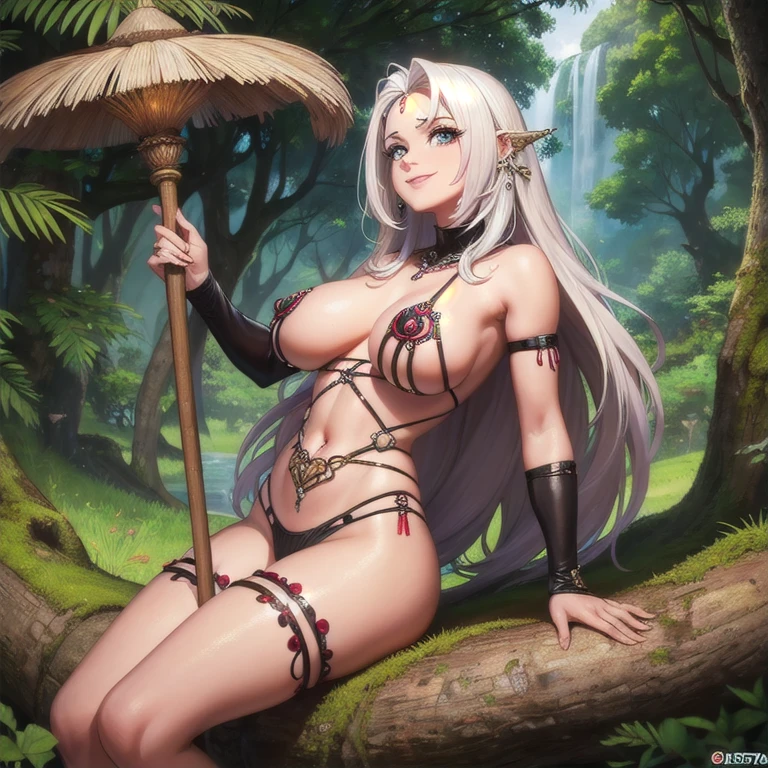 ((1 mulher adulta nua na floresta)),(cabelos pretos longos, sorriro)),((buceta peluda, piercing na buceta muito grande, piercing no peito)),((seios grandes)),deitado de costas, perna direita na perna esquerda, foco na bucetinha molhada de porra,
