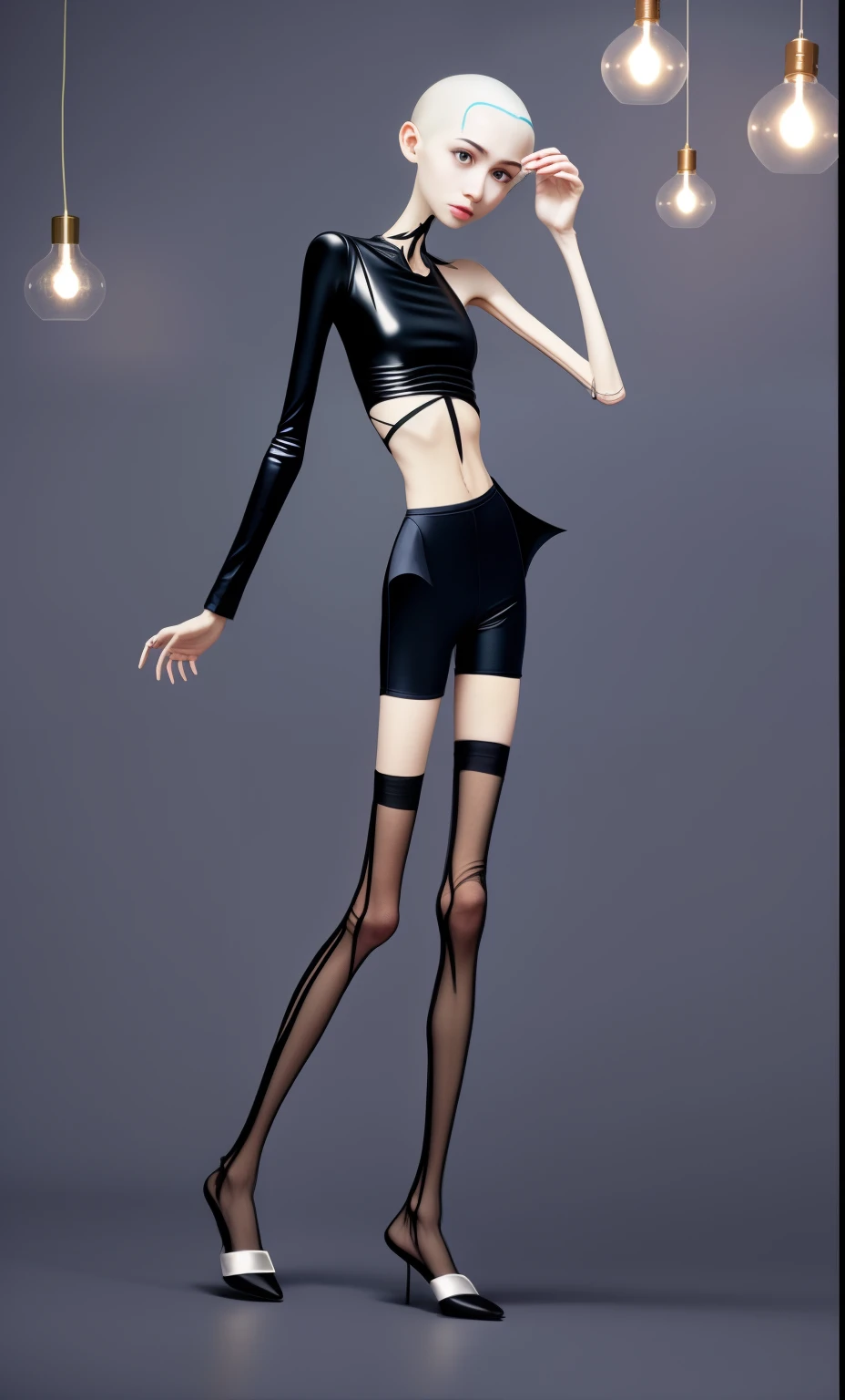 very thin woman，A thin body，Protruding sternum，The waist is very thin，The ribs are noticeable，Protruding ribs，The pelvic protrusion is very obvious，The pelvis is markedly elevated，Legs are just skin and bones，thin shoulde，The waist is very thin，Sunken abdomen，Delicate arms，arm muscle atrophy，hunger，The lower abdomen is depressed，Short hair details，Wear tight leather pants，Dressed in black silk，Wear slippers，Asia face，The waist is particularly thin，angry look，weeping，Excessive weight loss，The face is sunken and thin，Severe malnutrition，hunger
