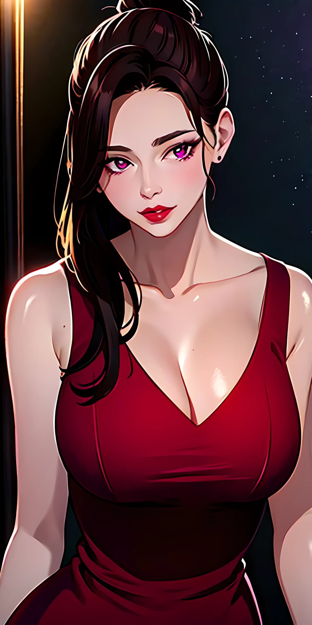 masterpiece:1.5, best quality:1.5, aesthetic, 1girl, sidelocks, cinematic lighting, sharp focus,large breasts , mature female,  ,16k, glowing eyes, detailed 4k eyes,
playground,seduction,sexy lips, parted lips,detailed lips,
red lips, high detailed background,((big purple eyes)), detailed face,shiny skin,
auntjunev3,auntjune,hair bun, bangs, messy hair, 
dress,red dress, sleeveless dress, collarbone,nightgown