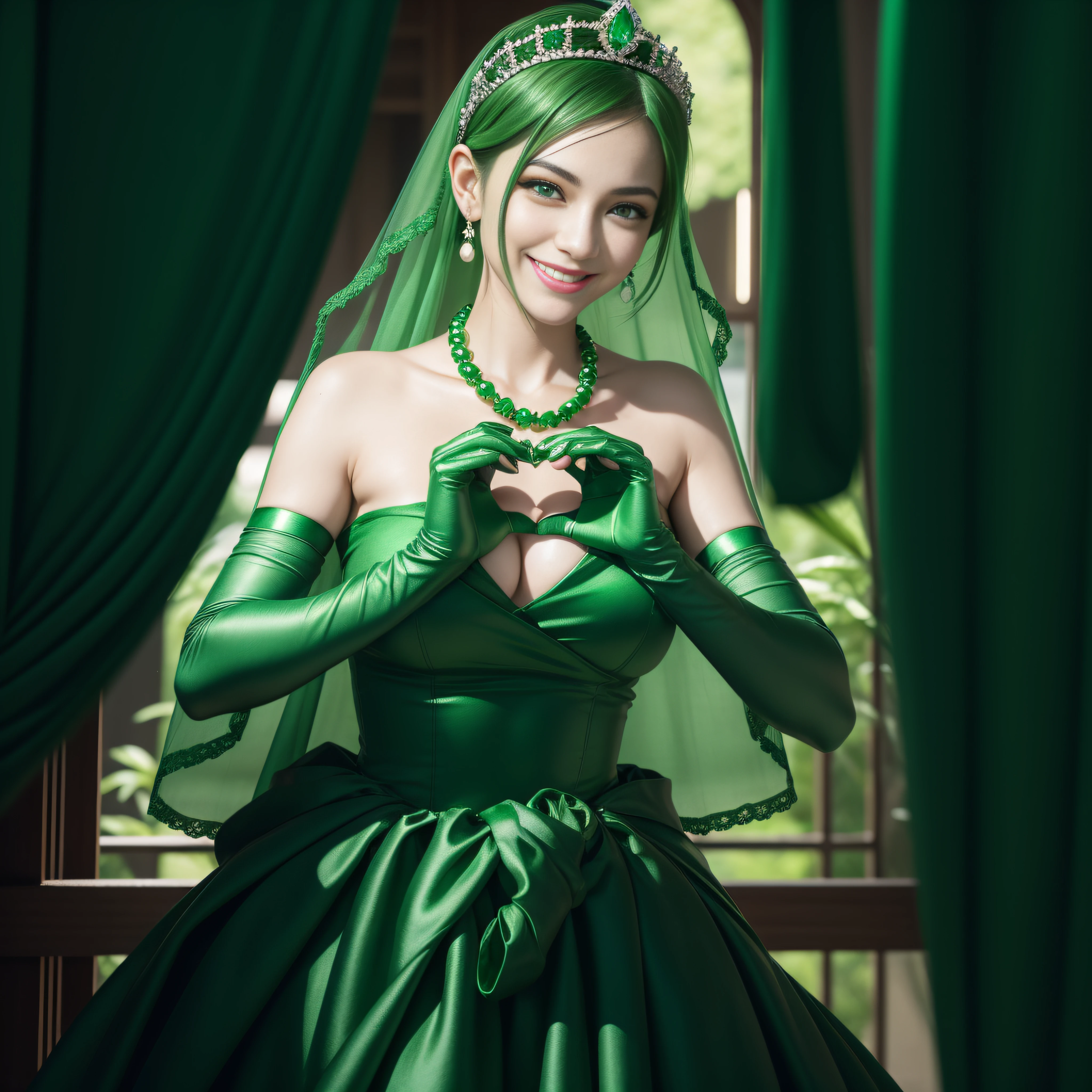 emerald tiara, Green Pearl Necklace, Boyish very short green hair, lipsticks, Japan woman smiling, very short short hair,  big breasts beautiful, Green eyes, Long green gloves made of satin material, Green eyes, Emerald Earrings, green vale, Heart with both hands, Green hair