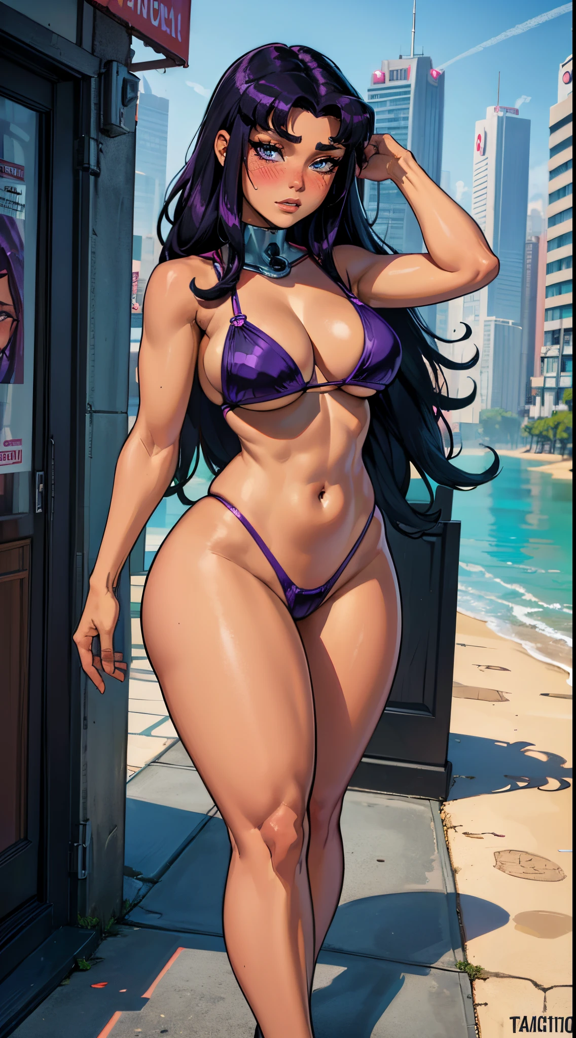 (melhor qualidade:1.3), (qualidade 4K), Blackfire by teen titans, ((face detailed)), ((body curvy)), ((blush)), (peitos), clivagem, sexy, ((thong bikini)), ((city))