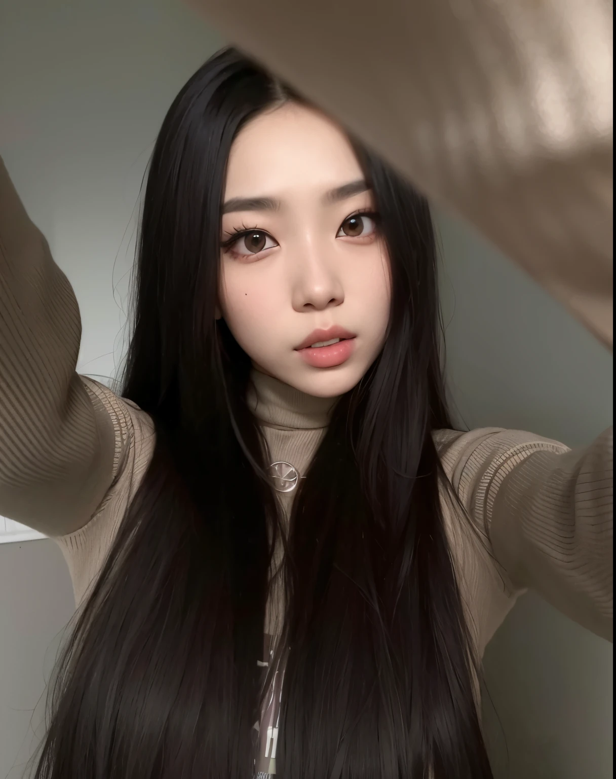 arafed woman with long black hair and a tan sweater, Ulzzang, cruel korean goth girl, Asian girl with long hair, com cabelos longos e olhos penetrantes, com cabelos longos, com cabelo preto liso, Fotografia selfie 8k, com longos cabelos escuros, menina coreana, com longos cabelos pretos, large eyes and flowing long hair, linda mulher coreana jovem