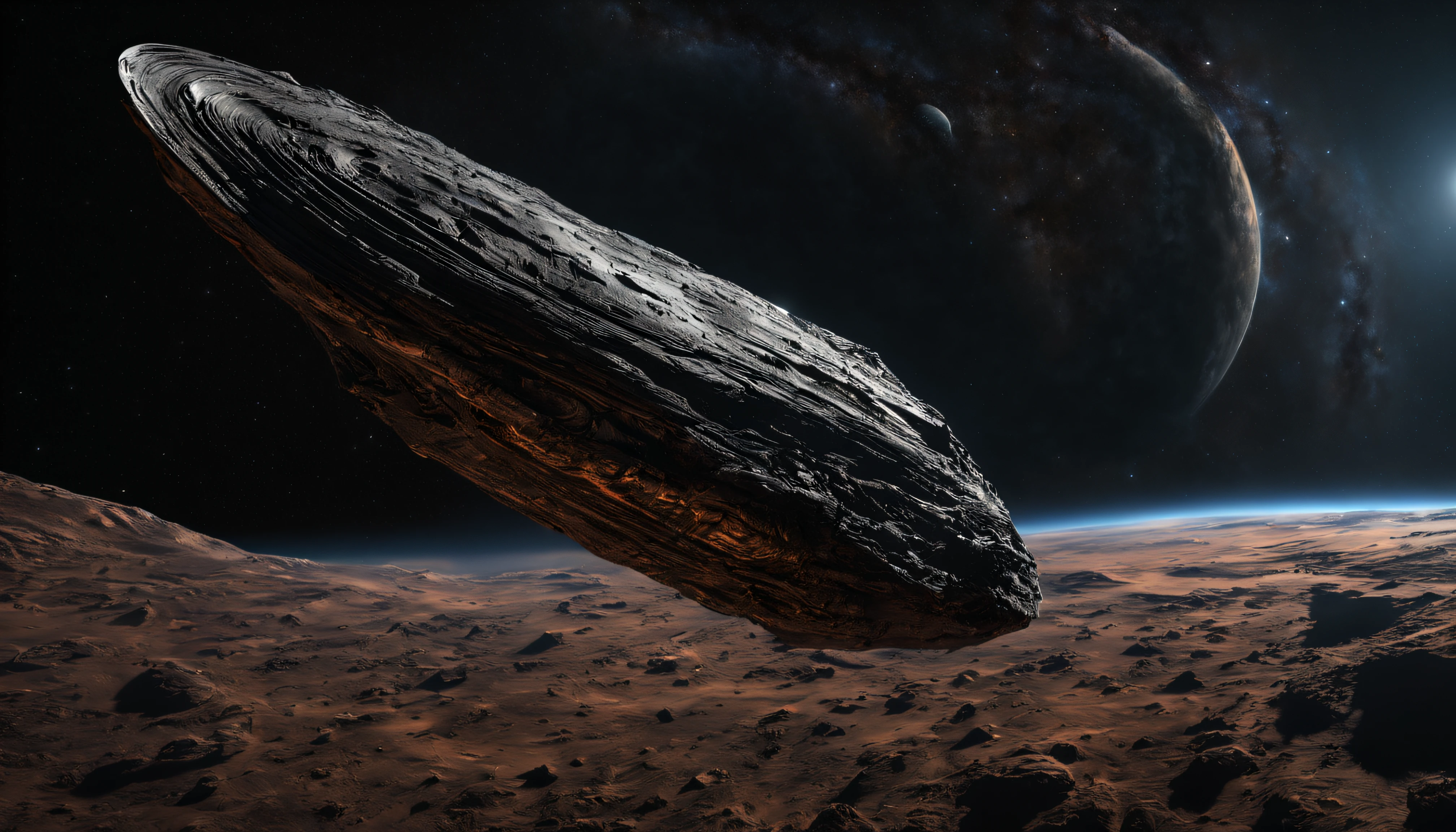 (best quality, highres, ultra-detailed, realistic:1.37), oumuamua spacecraft, detailed rendering, cosmic background, starry sky, interstellar object, shining metallic surface, sleek design, intricate engravings, mysterious aura, space exploration, futuristic technology, otherworldly appearance, unknown origin, rotating motion, perspective view, dynamic composition, vibrant colors, deep shadows, dramatic lighting