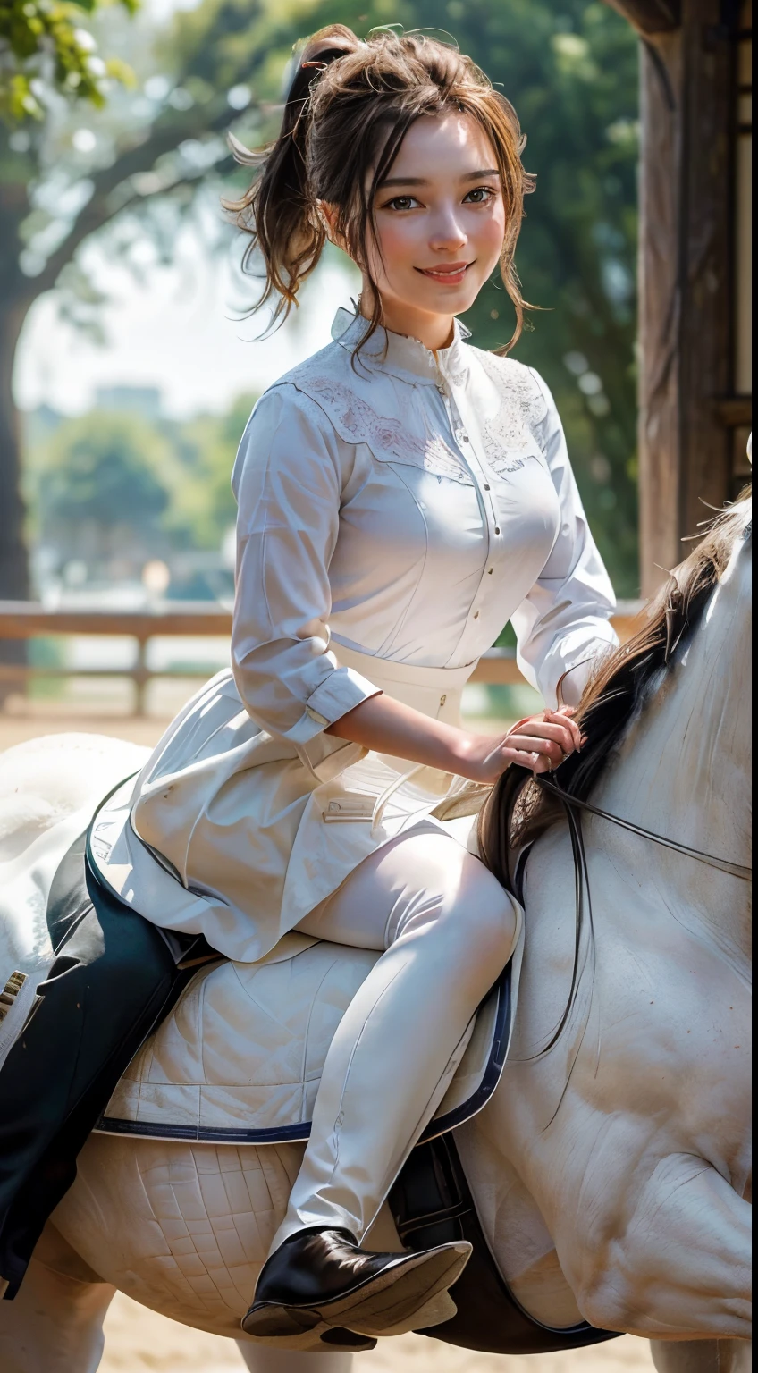 101
(a 20 yo woman,Riding on a white horse), (A hyper-realistic), (high-level image quality), ((beautiful hairstyle 46)), (I have my hair in a ponytail), (Gentle smile), (Keep your mouth shut), (ride horse、Horse racing、Equestrian competitions)