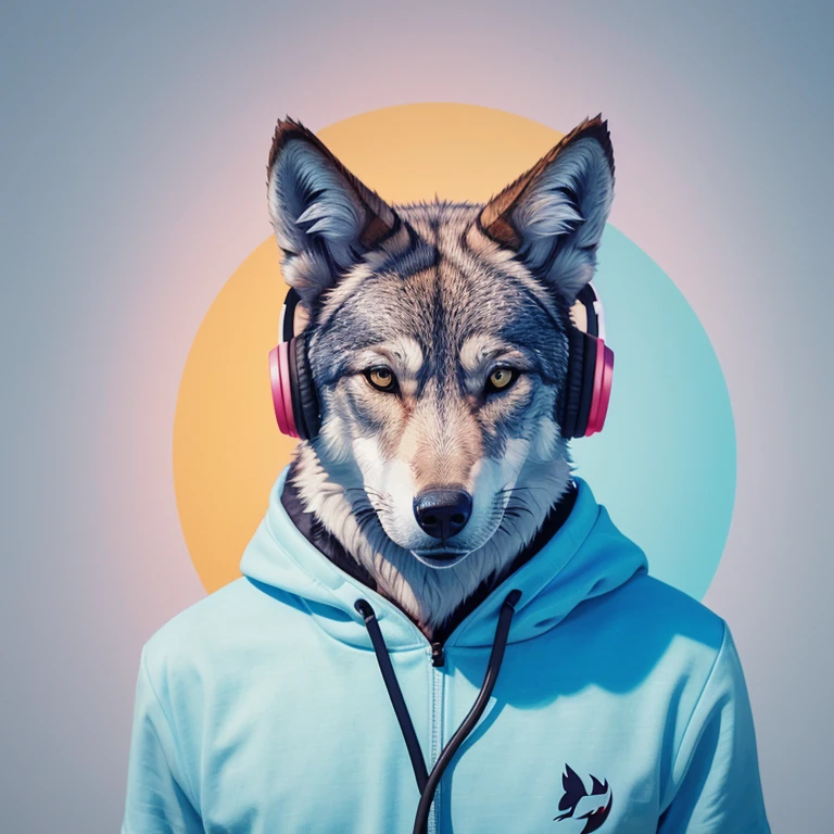 t-shirt design, wolf with headphones on his ears, digital art by Jan Tengnagel, shutterstock contest winner, furry art, artwork, angular, art, pastel blue