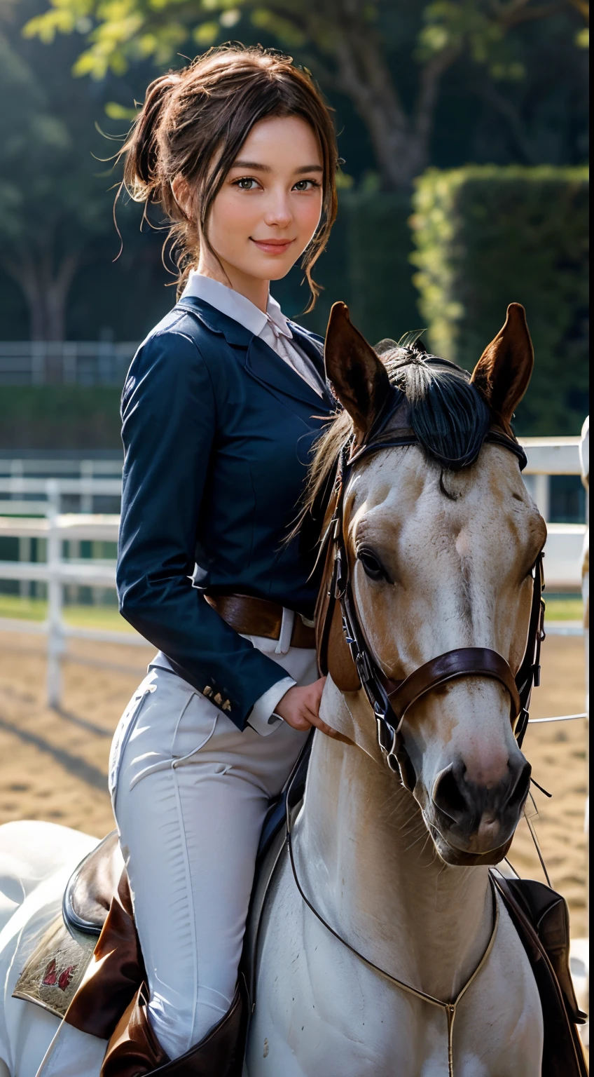 101
(a 20 yo woman,Riding on a white horse), (A hyper-realistic), (high-level image quality), ((beautiful hairstyle 46)), (I have my hair in a ponytail), (Gentle smile), (Keep your mouth shut), (ride horse、Horse racing、Equestrian competitions)