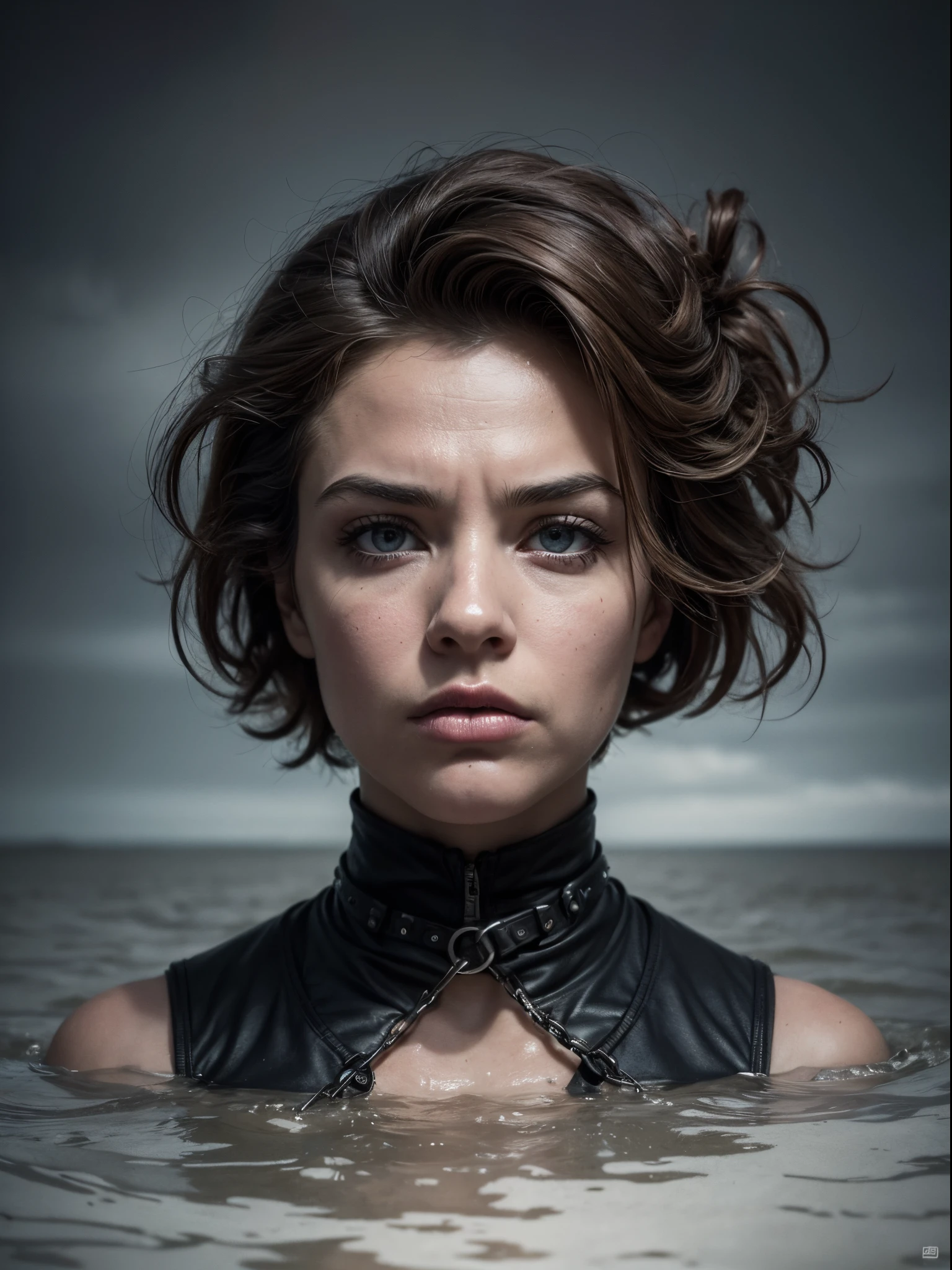 (Best quality,high resolucion,Masterpiece, aerial view:1.20),Ultra-detailed,La femme trentenaire 55ans  ,Grandes fusées éclairantes sur le jean, shackles, fouet, Gants noirs, ,maladif,drowning in a swamp,Sombre extase,Exhausting fetish,Dark and gloomy atmosphere,texture granuleuse,retrô, atmosphere,Distorted reality,Melancholy expression on his face,mysterious aura,foggy atmosphere,foggy background,Palette de couleurs subtile,pose provocatrice,Strong emotions,Emergeant des profondeurs du désespoir,piercing gaze,ombres intenses,Plongé dans l&#39;darkness,Uneven terrain,Disturbing atmosphere,Une sensation surnaturelle,Perte d&#39;espace dans le temps et dans l&#39;espace,Un silence étrange.asymmetrical bangs, Rousseur, cheveux courts roses, frange, Rousseur, yeux gris,
