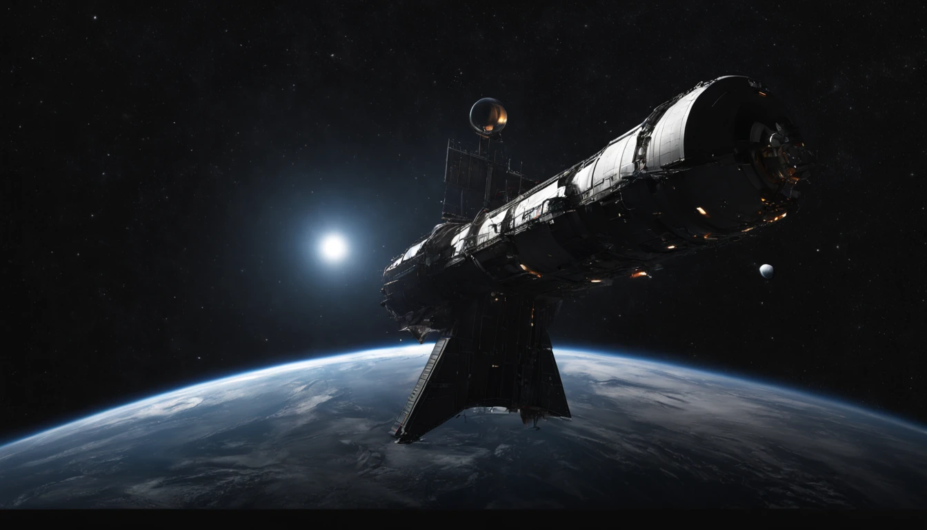 immagine fotorealistica di una nave interstellare in prospettiva su fondo nero