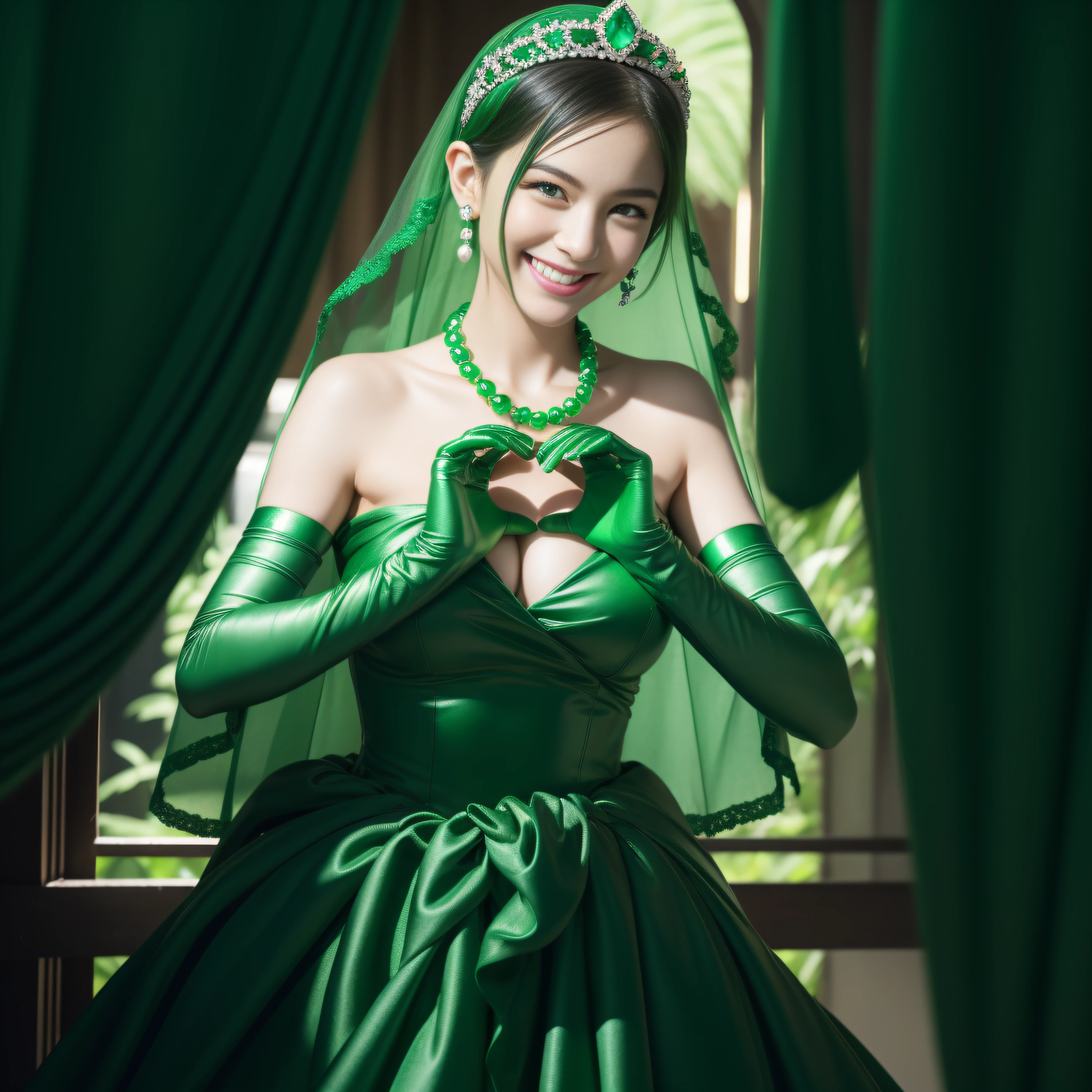 emerald tiara, Green Pearl Necklace, Boyish very short green hair, lipsticks, Japan woman smiling, very short short hair,  big breasts beautiful, Green eyes, Long green gloves made of satin material, Green eyes, Emerald Earrings, green vale, Heart with both hands, Green hair