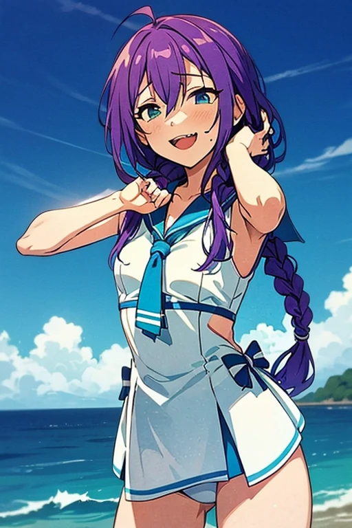 long hair, mole under mouth, purple hair, single braid, hair between eyes, cyan eyes, sharp teeth, ahoge, 1girl, blush, smile, cowboy shot, sailor swimsuit dress, open mouth, sea, small breasts, petite