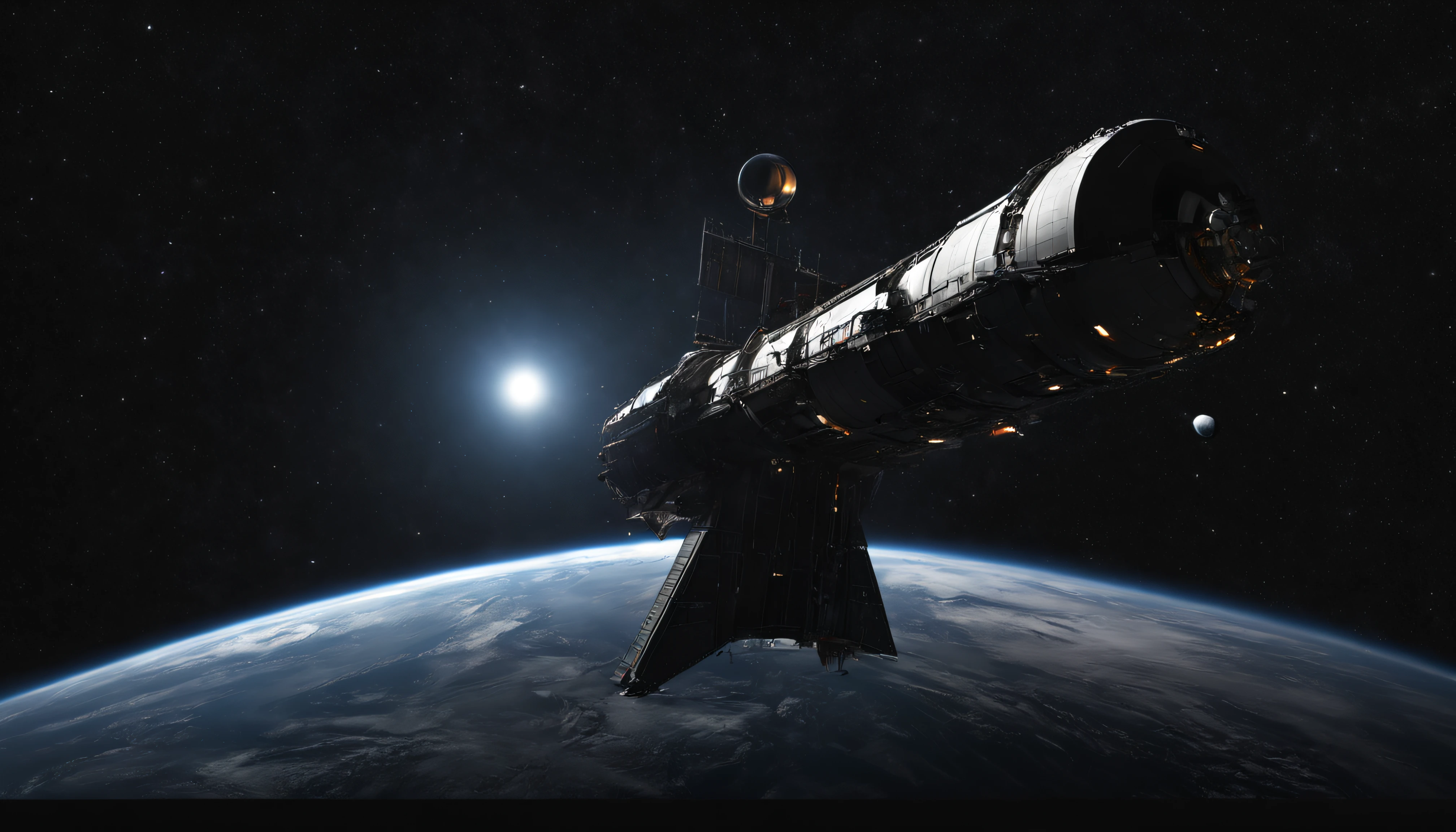 immagine fotorealistica di una nave interstellare in prospettiva su fondo nero
