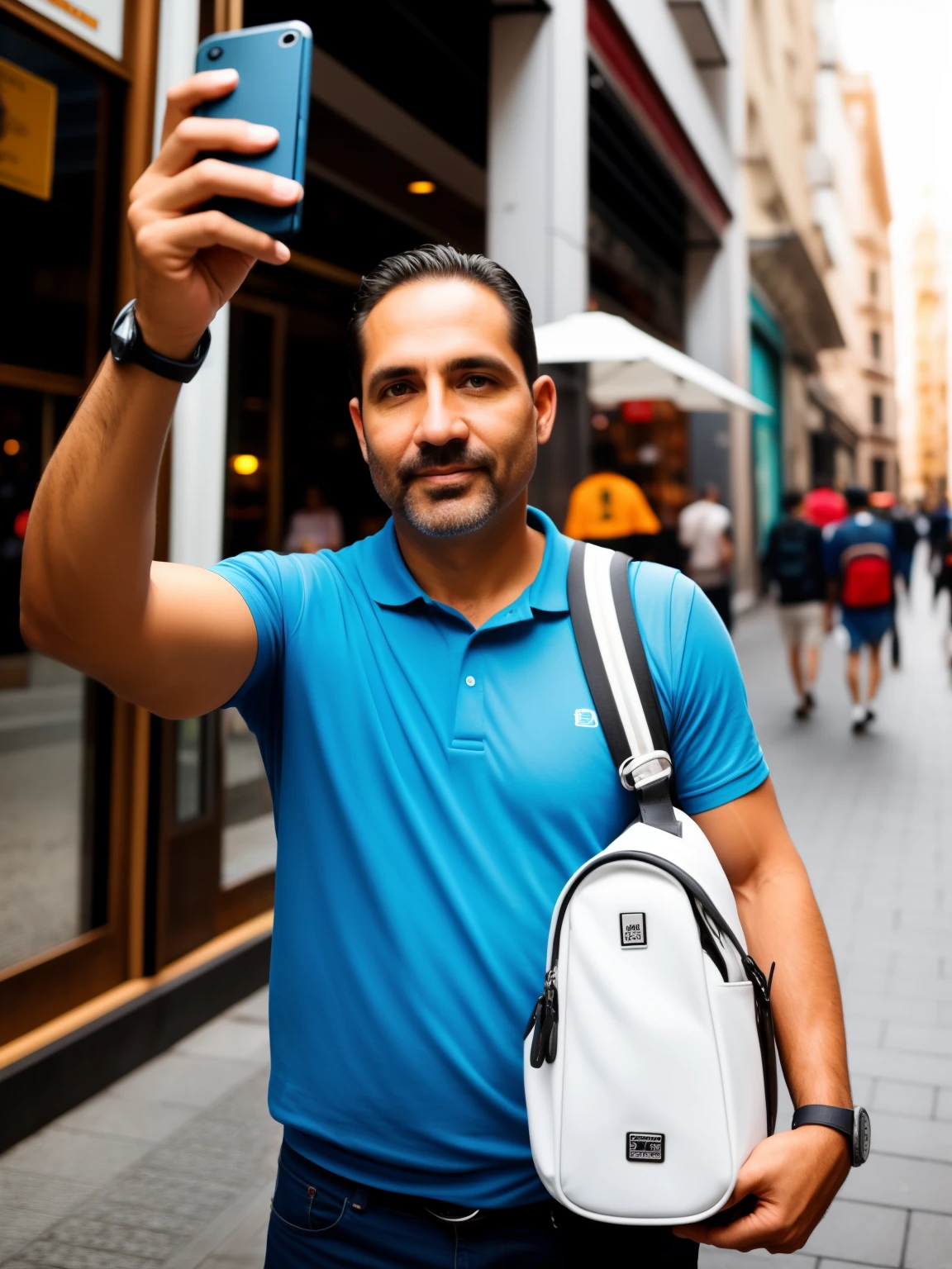 homem arafiado com uma mochila nas costas tirando uma selfie, Fotografia selfie 8k, Homem de 4 0 anos, 3 2 anos, (38 anos), 38 anos, 3 6 anos, standing in a city center, Homens de 45 anos, 35 anos, 3 5 anos, 2 9 anos