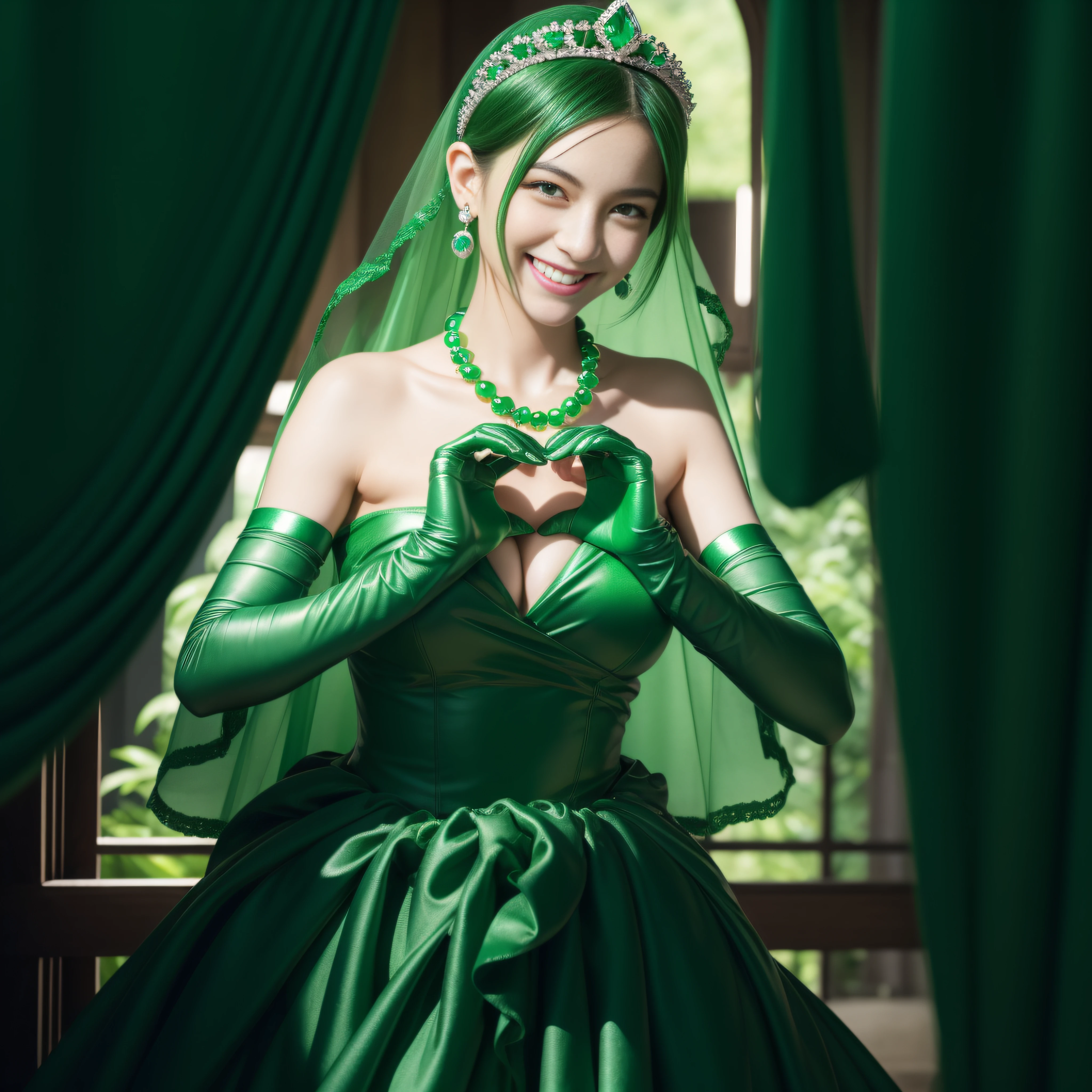 emerald tiara, Green Pearl Necklace, Boyish very short green hair, lipsticks, Japan woman smiling, very short short hair, big breasts beautiful, Green eyes, Long green gloves made of satin material, Green eyes, Emerald Earrings, green vale, Heart with both hands, Green hair
