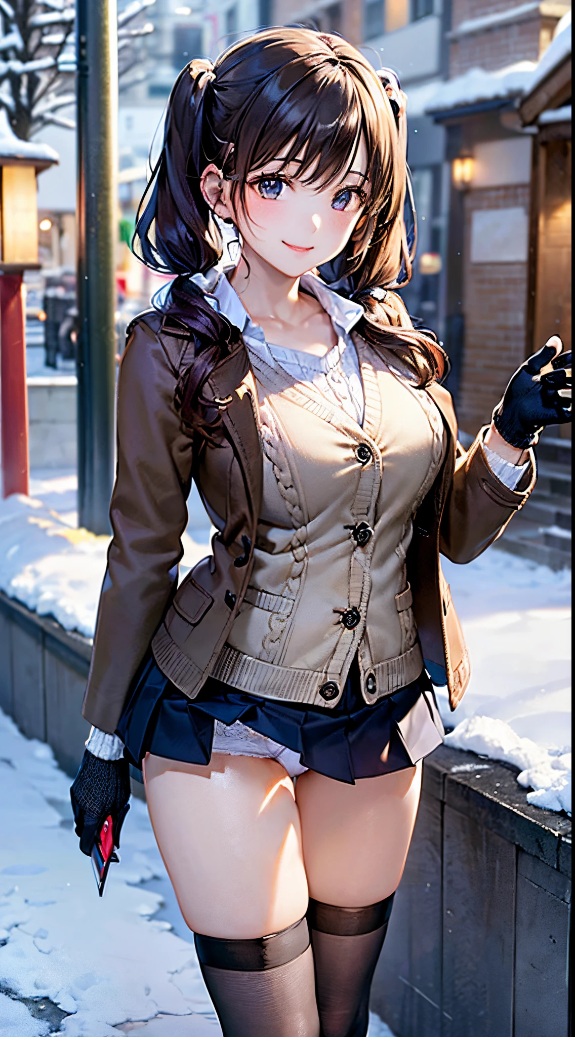 ((((, , perfect anatomy, super detailed skin)))), 1 girl, japanese, , shiny skin, large breasts:0.5, watching the view, (smile:1.5),
beautiful hair, beautiful face, beautiful detailed eyes, (middle hair:1.5, twintails:1.7),
beautiful clavicle, beautiful body, beautiful chest, beautiful thigh, beautiful legs, babyface, , , mole under eye,
((navy school uniform, long sleeves, navy pleated skirt, sailor collar, light brown cardigan, black thigh-highs,
((brown medium coat, muffler, knitted gloves)), extremely sexy, seductive thighs)), white panties,
(beautiful scenery), winter, evening, hokkaido, sapporo, outdoors, snow, snowfall:1.5, freezing weather, frost, walking, holding a phone,
(8k, top-quality, masterpiece:1.2, extremely detailed, , ), (photorealistic), beautiful illustration, cinematic lighting,