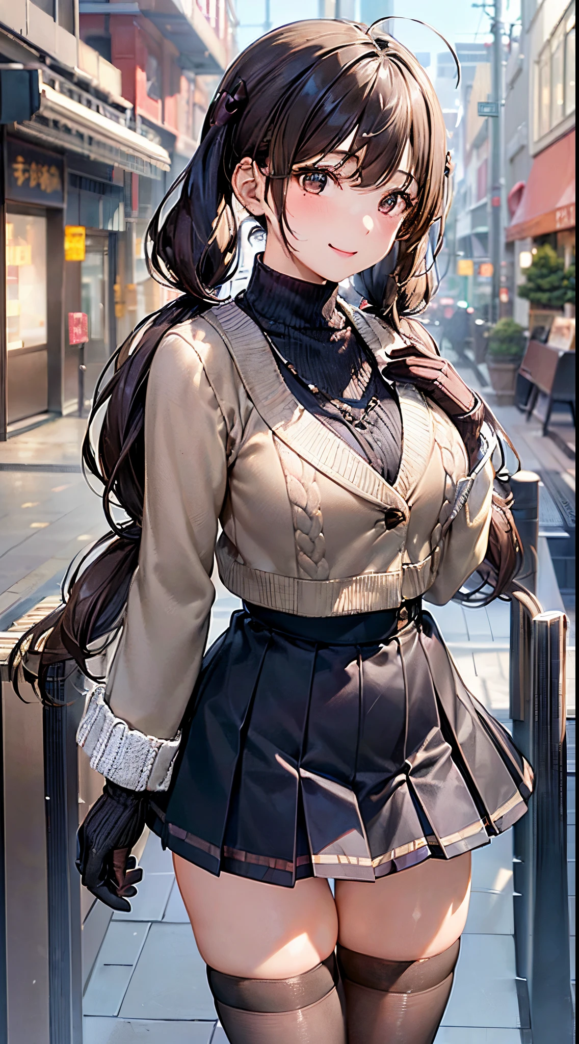 ((((, , perfect anatomy, super detailed skin)))), 1 girl, japanese, 14 years old, shiny skin, large breasts:0.5, watching the view, (smile:1.5), 
beautiful hair, beautiful face, beautiful detailed eyes, (middle hair:1.5, twintails:1.7), 
beautiful clavicle, beautiful body, beautiful chest, beautiful thigh, beautiful legs, babyface, , , mole under eye, 
((navy school uniform, long sleeves, navy pleated skirt, sailor collar, light brown cardigan, black thigh-highs, 
((brown medium coat, muffler, knitted gloves)), extremely sexy, seductive thighs)), white panties, 
(beautiful scenery), winter, evening, hokkaido, sapporo, outdoors, snow, snowfall:1.5, freezing weather, frost, walking, holding a phone, 
(8k, top-quality, masterpiece​:1.2, extremely detailed, , ), (photorealistic), beautiful illustration, cinematic lighting,