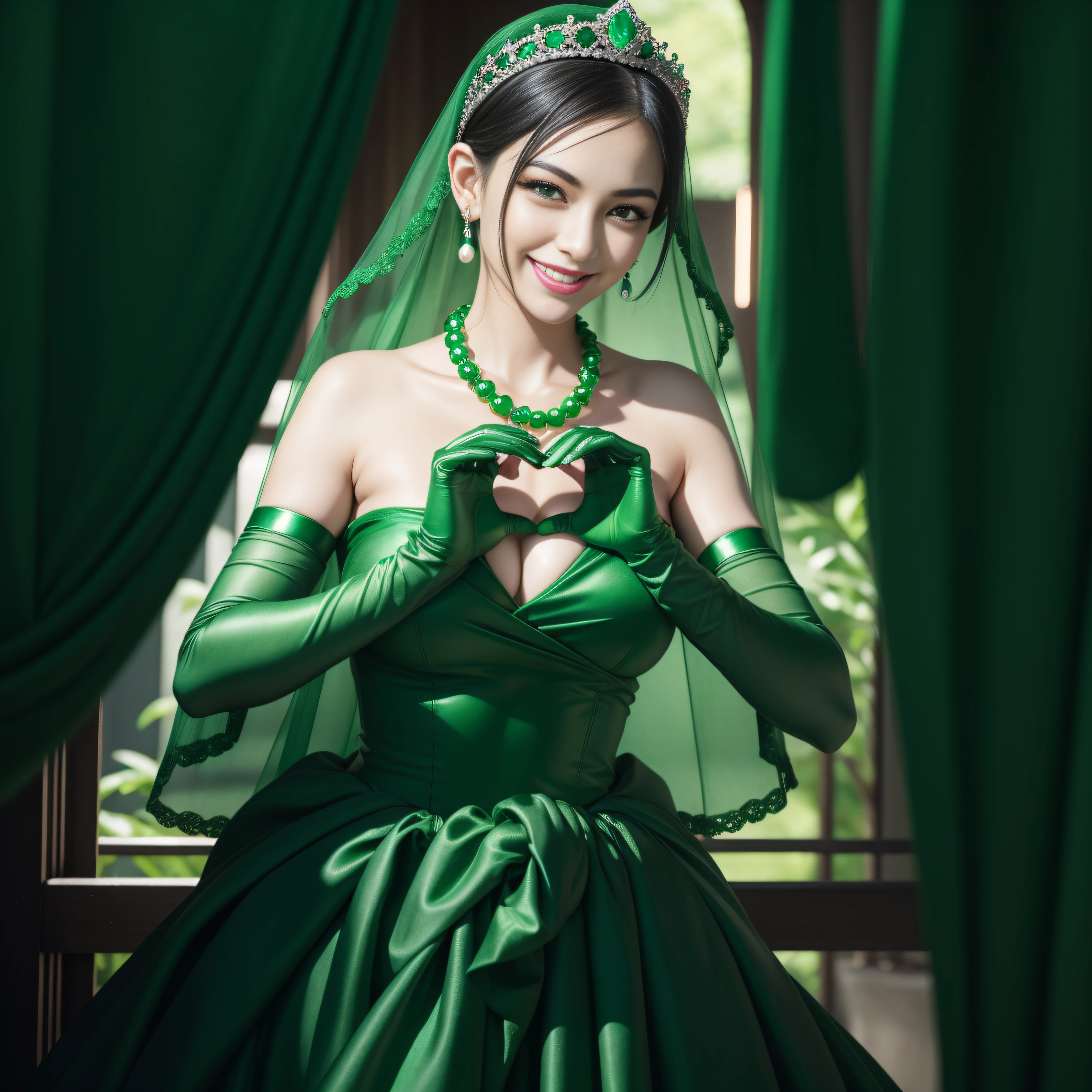emerald tiara, Green Pearl Necklace, Boyish very short black hair, lipsticks, Japan woman smiling, very short short hair, big breasts beautiful, Green eyes, Long green gloves made of satin material, Green eyes, Emerald Earrings, green vale, Heart with both hands