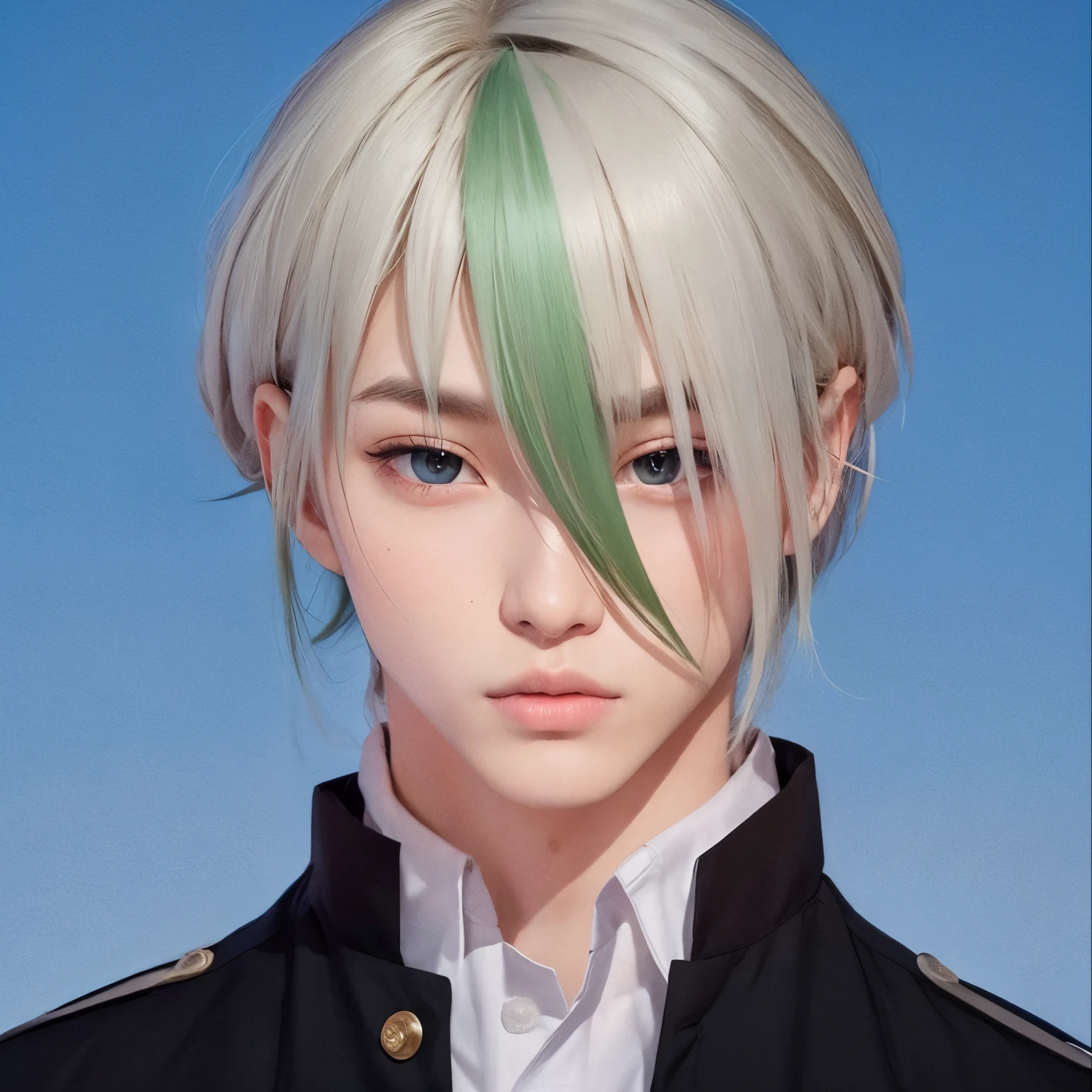 Seorang remaja laki-laki berambut putih dan hijau realistic,gaya rambut sama realistic, wajah tampan realistic, ekspresi keren realistic, adaptasikan Pakaian sama persis, cahaya realistic, bayangan realistic,latar belakang realistic,He's a male