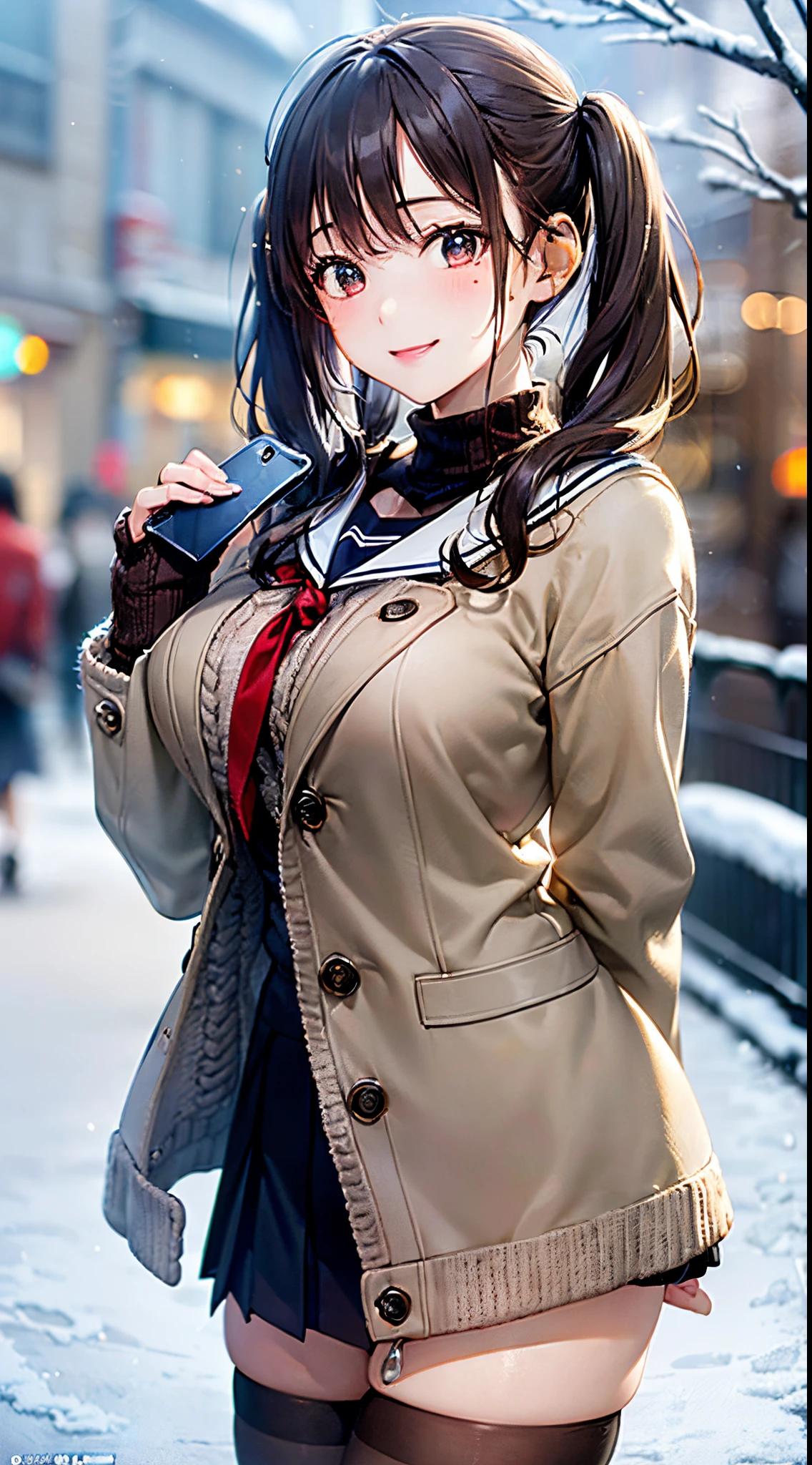 ((((, , perfect anatomy, super detailed skin)))), 1 girl, japanese, 14 years old, shiny skin, large breasts:0.5, watching the view, (smile:1.5), 
beautiful hair, beautiful face, beautiful detailed eyes, (middle hair:1.5, twintails:1.7), 
beautiful clavicle, beautiful body, beautiful chest, beautiful thigh, beautiful legs, babyface, , , mole under eye, 
((navy school uniform, long sleeves, navy pleated skirt, sailor collar, light brown cardigan, black thigh-highs, 
((brown medium coat, muffler, knitted gloves)), extremely sexy, seductive thighs)), white panties, 
(beautiful scenery), winter, evening, hokkaido, sapporo, outdoors, snow, snowfall:1.5, freezing weather, frost, walking, holding a phone, 
(8k, top-quality, masterpiece​:1.2, extremely detailed, , ), (photorealistic), beautiful illustration, cinematic lighting,
