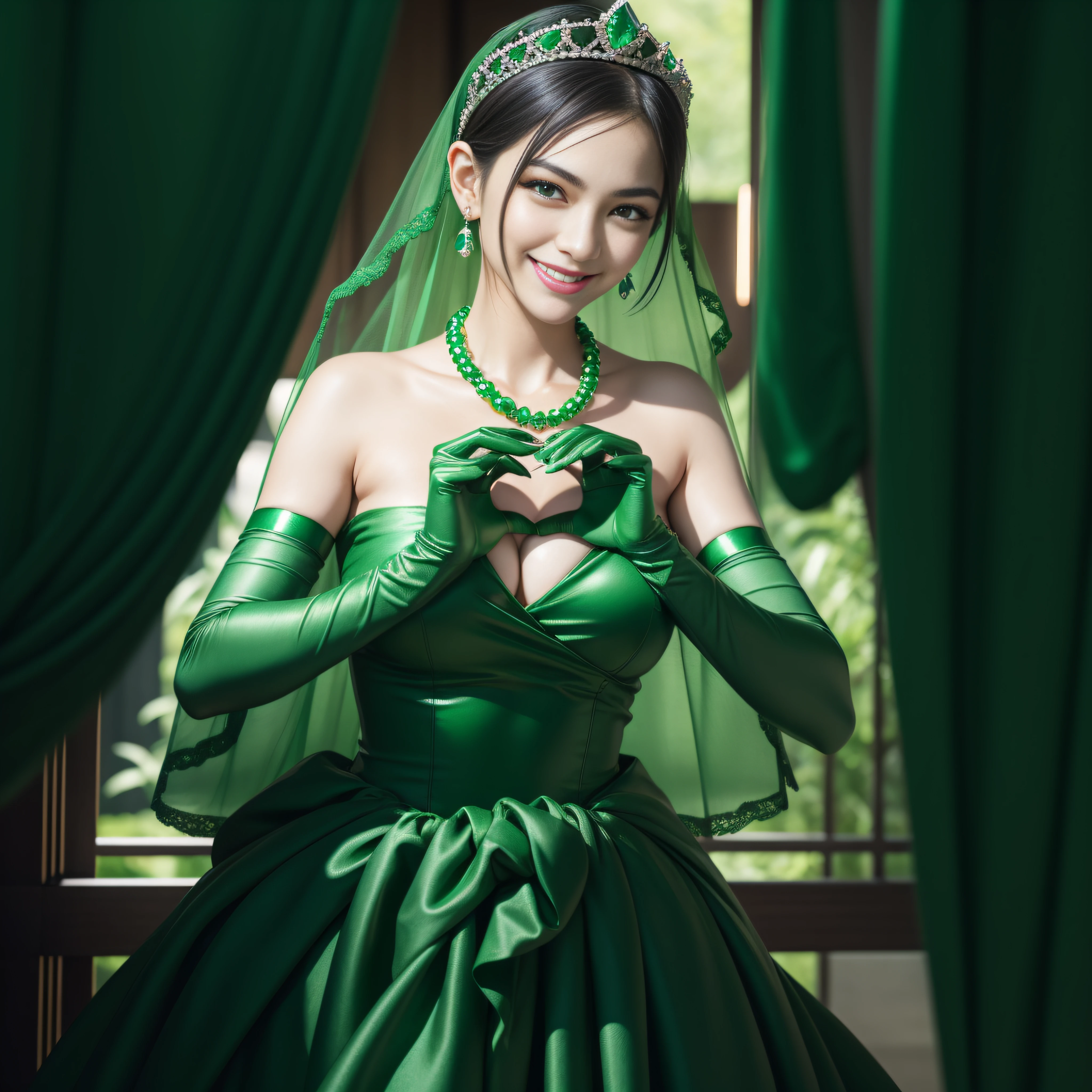 emerald tiara, Green Pearl Necklace, Boyish very short black hair, lipsticks, Japan woman smiling, very short short hair,  big breasts beautiful, Green eyes, Long green gloves made of satin material, Green eyes, Emerald Earrings, green vale, Heart with both hands