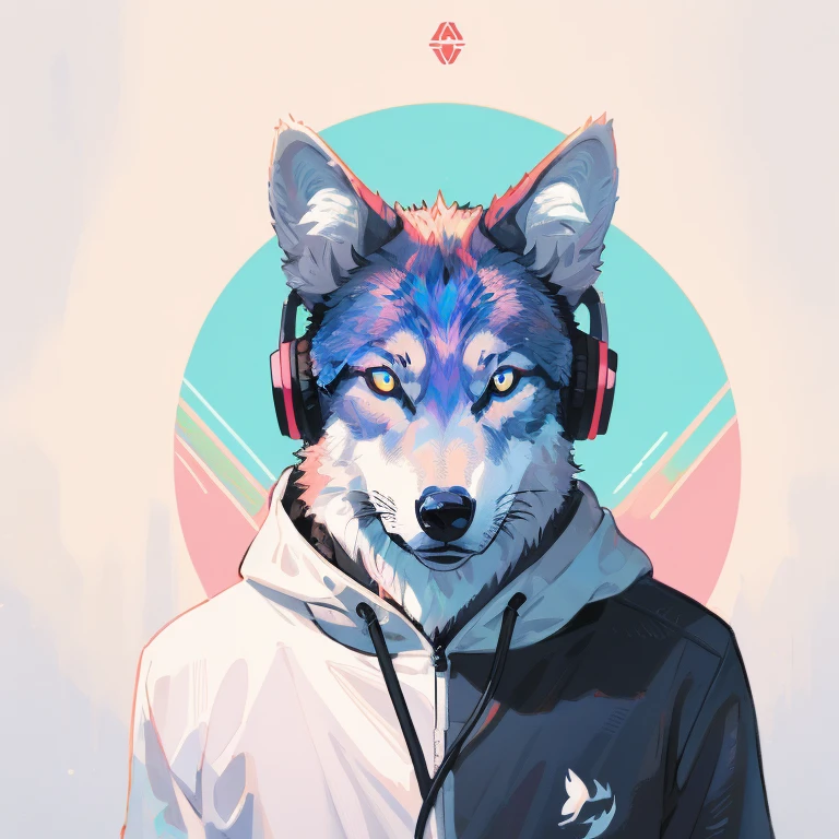 t-shirt design, wolf with headphones on his ears, digital art by Jan Tengnagel, shutterstock contest winner, furry art, artwork, angular, art, pastel blue