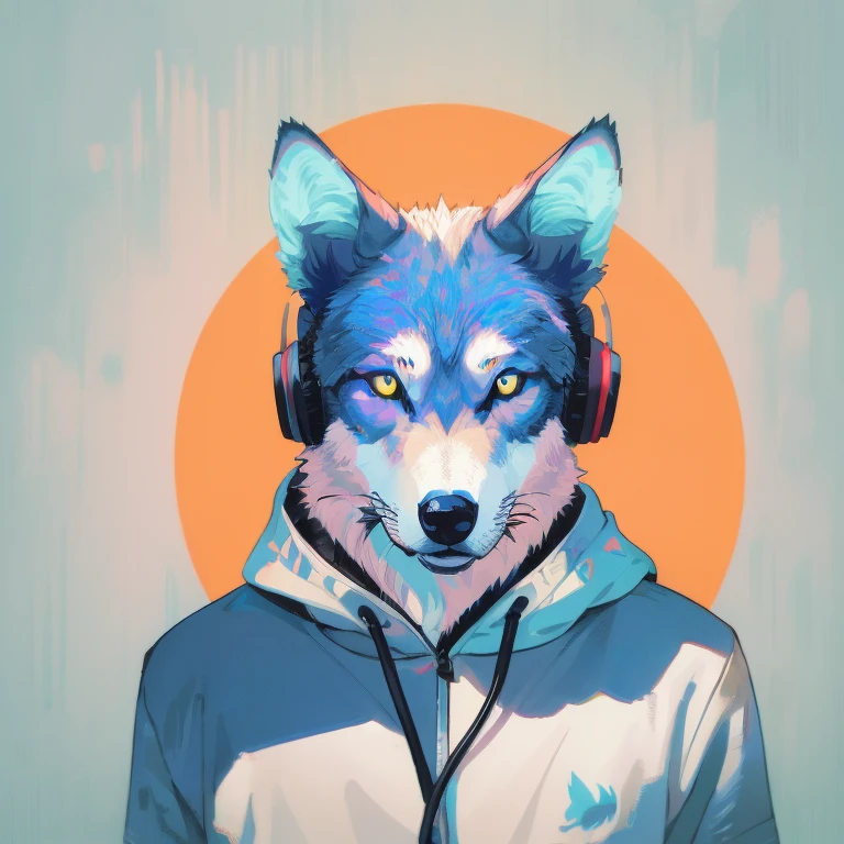 t-shirt design, wolf with headphones on his ears, digital art by Jan Tengnagel, shutterstock contest winner, furry art, artwork, angular, art, pastel blue