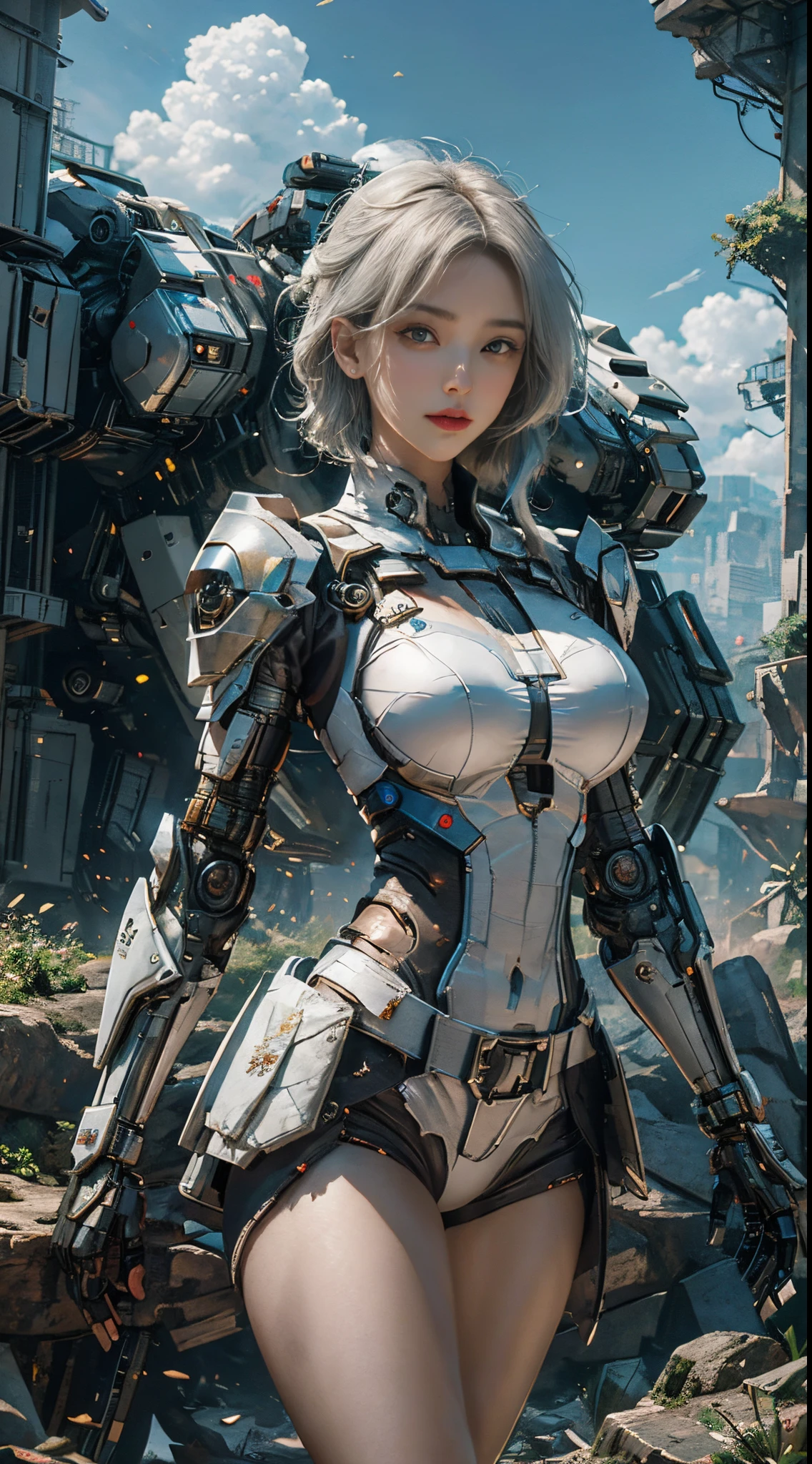 8K, Best Quality, Masterpiece, Ultra High Resolution, (Realism: 1.4), Girl Futuristic Battle Suit, Green Pupils, standing on battlefield filled with ruined mecha, storm Clouds, Lightning, raining, Real Woman, Cleavage, Real Face, Cute Girl, Perfect Cyborg Girl, Wearing Sci-Fi Headphones, Beautiful Female , Beautiful Girl Cyborg, Silver Hair, full body, cinematic lighting, dark shadows