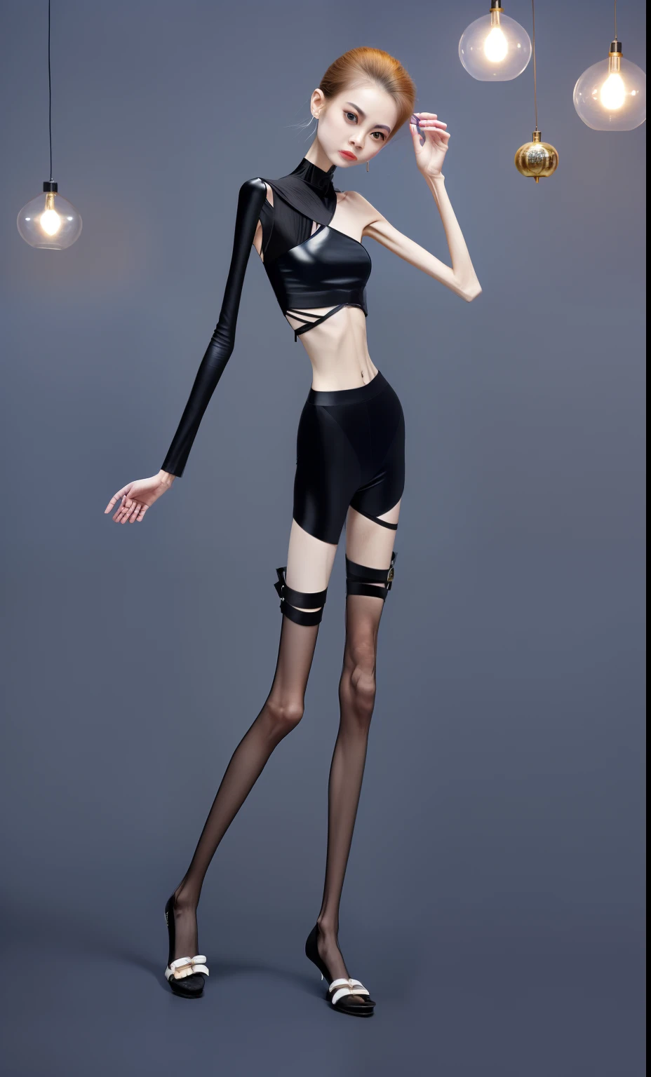 very thin woman，A thin body，Protruding sternum，The waist is very thin，The ribs are noticeable，Protruding ribs，The pelvic protrusion is very obvious，The pelvis is markedly elevated，Legs are just skin and bones，Fair skin，thin shoulde，The waist is very thin，Sunken abdomen，Delicate arms，arm muscle atrophy，hunger，sunken lower abdomen，Short hair details，Wear tight leather pants，Black silk is worn on the legs，Wear slippers，Asia face，The waist is particularly thin，angry look，weeping，Excessive weight loss，The face is sunken and thin，Severe malnutrition，hunger