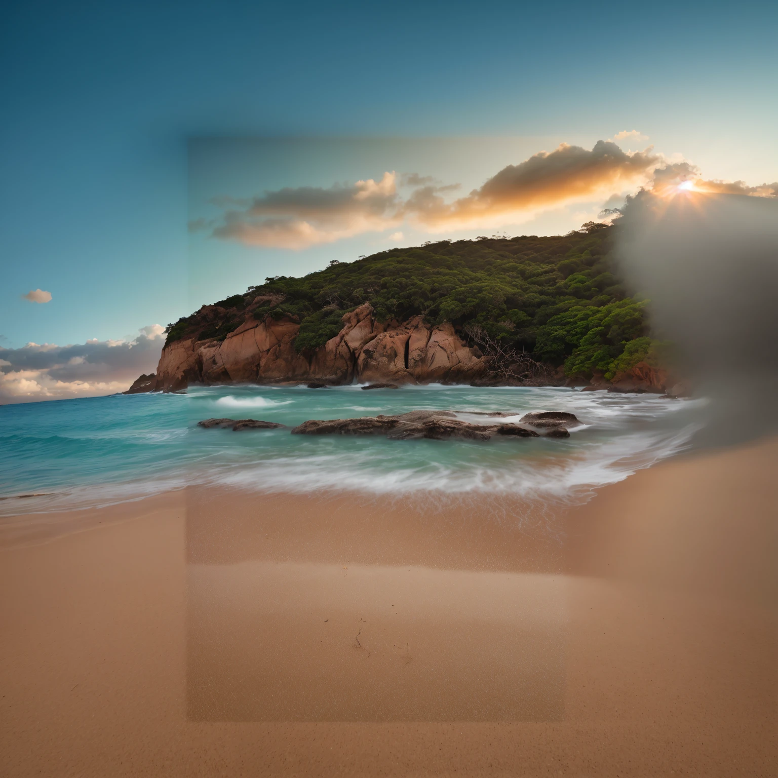 best quality,highres,ultra-detailed,beautiful sky,beautiful ocean,scenic view,rays of sunlight,crystal clear water,gentle waves,sandy beach,tropical paradise,vibrant colors,serenity,lush palm trees,seagulls flying,stunning landscape,tranquil atmosphere