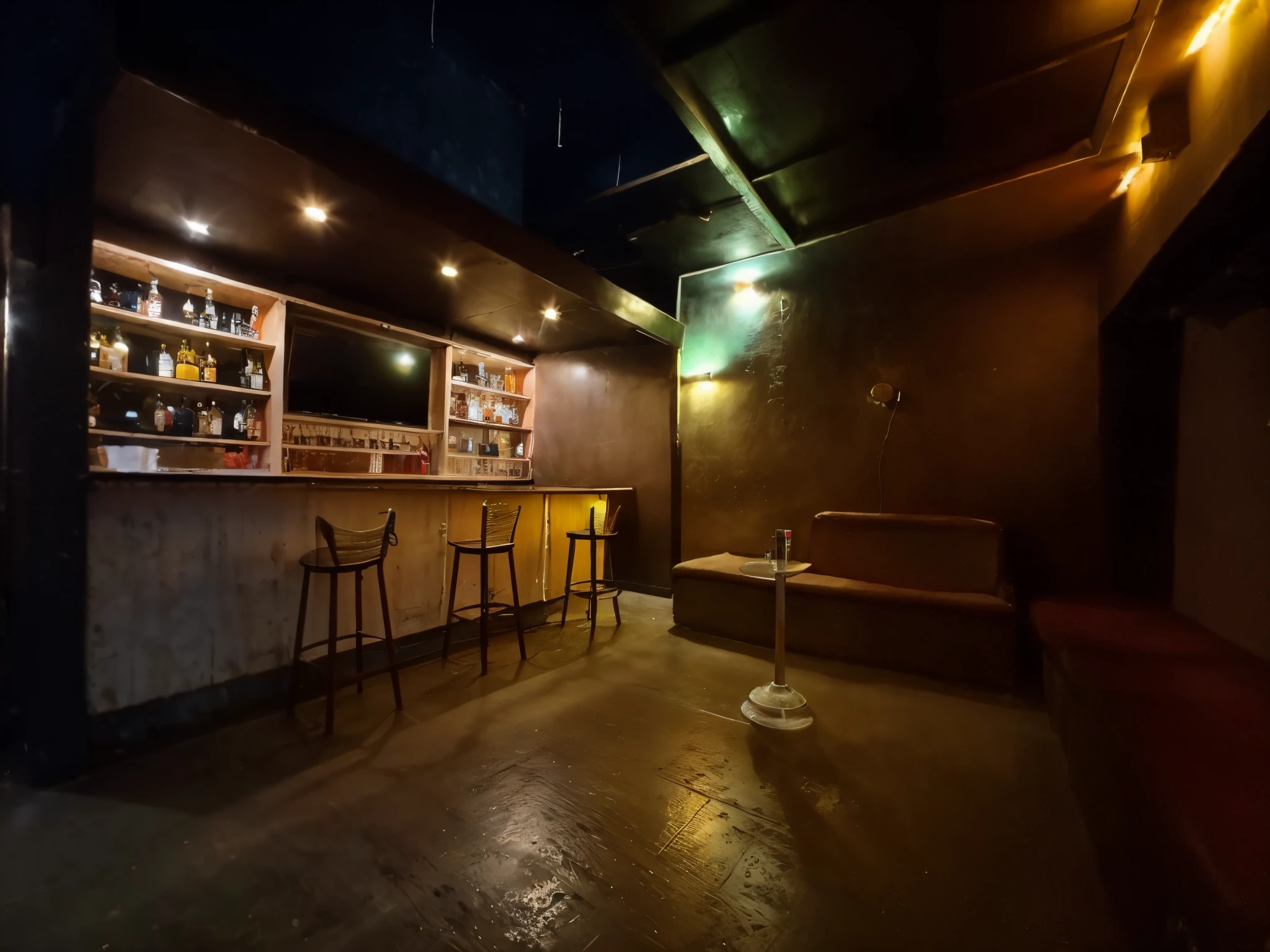 there is a bar with many stools and a table, bar de mergulho mal iluminado, an empty room at night, comfortable environment, ambiente muito escuro, barra em segundo plano, completamente vazio, Sala VIP, dentro de um bar, 1 9 2 0's estilo speakeasy, dive bar with a karaoke machine, 2 4 mm iso 8 0 0